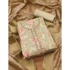 Beige Chanderi Silk Dress Material Showcasing Floral Prints with Subtle Beads Detailing