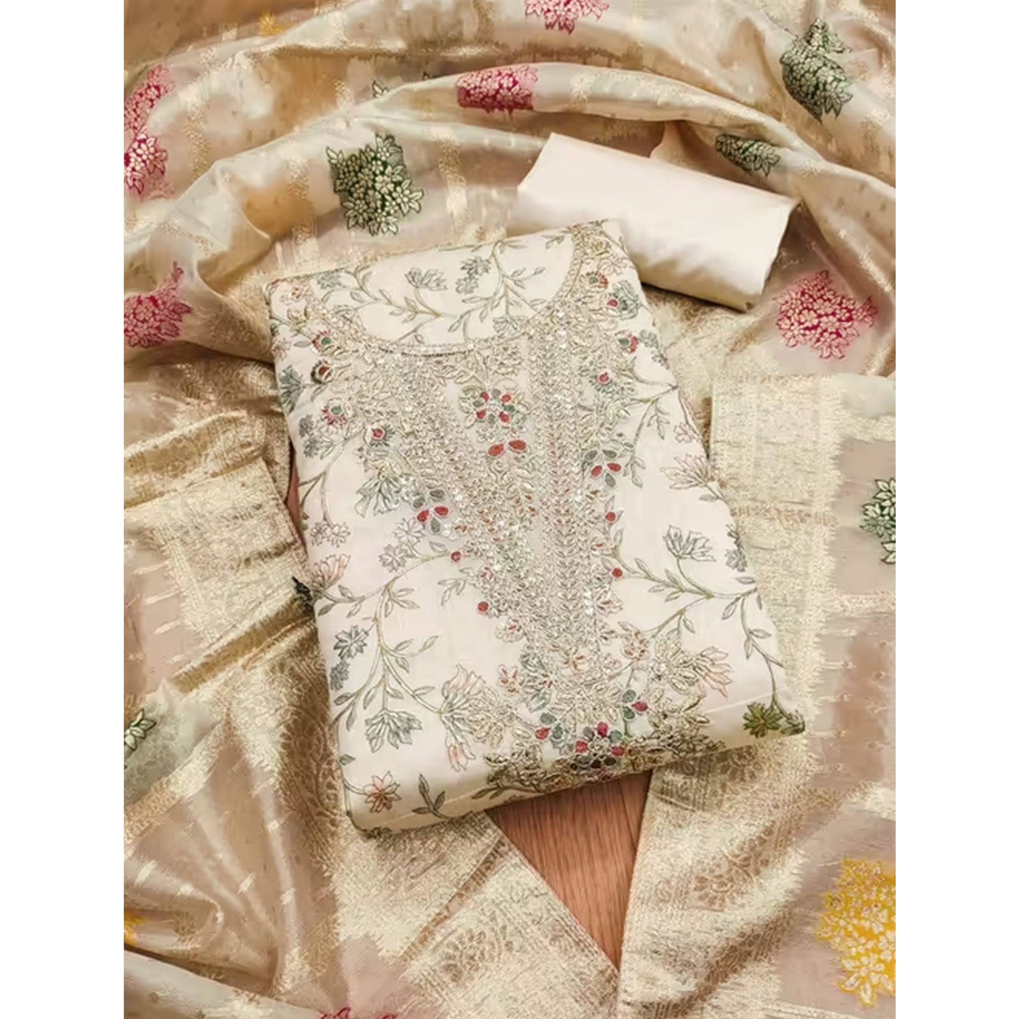 Cream & Blue Floral Printed Chanderi Silk Dress Material Adorned with Fine Embroidered Work