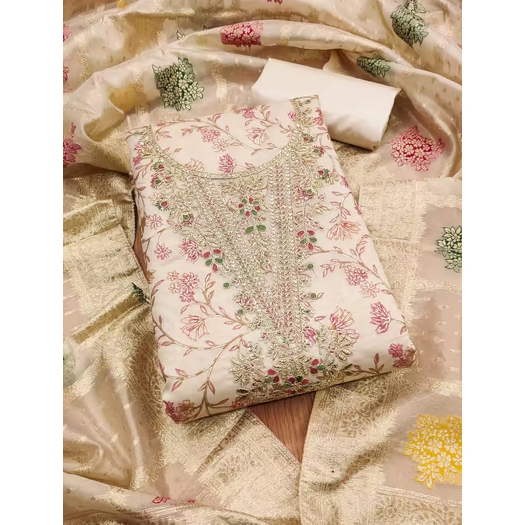 Cream & Pink Floral Printed Chanderi Silk Dress Material Adorned with Fine Embroidered Work