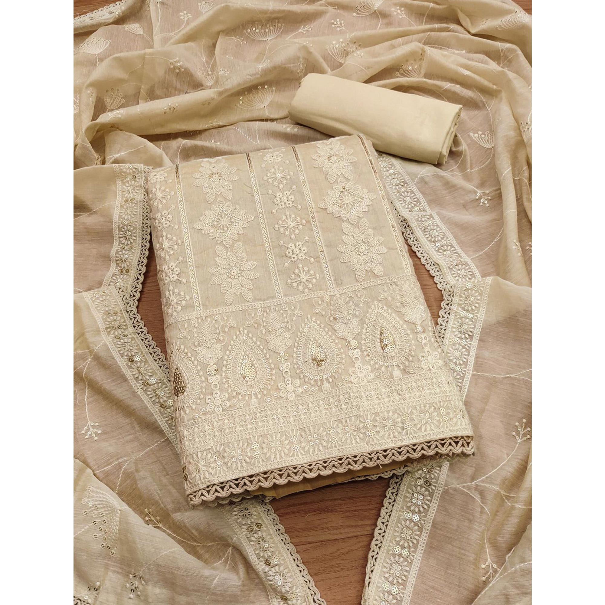 Designer Cream Chanderi Silk Fabric Set with Traditional Lucknowi Embroidered Detailing