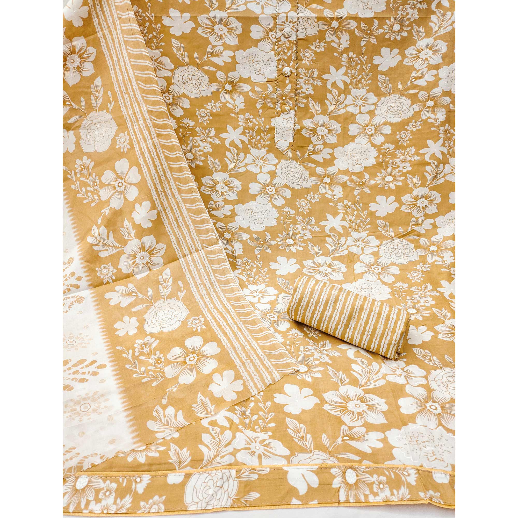 Chikoo Floral Printed Pure Cotton Dress Material With A Fresh Elegant Appeal