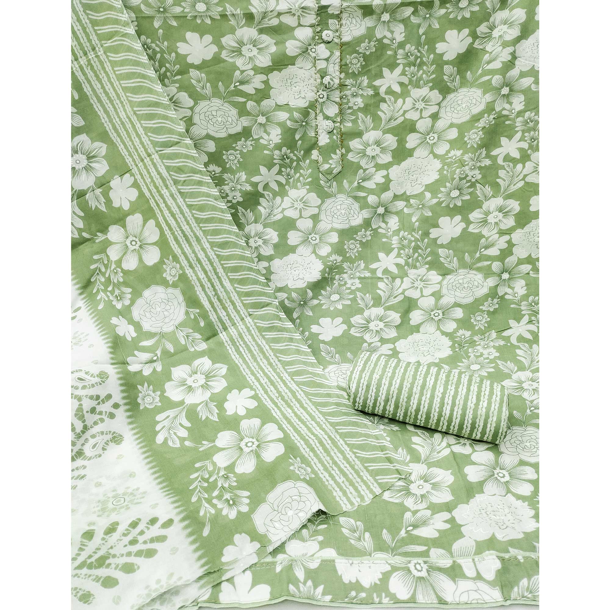 Green Floral Printed Pure Cotton Dress Material With A Fresh Elegant Appeal