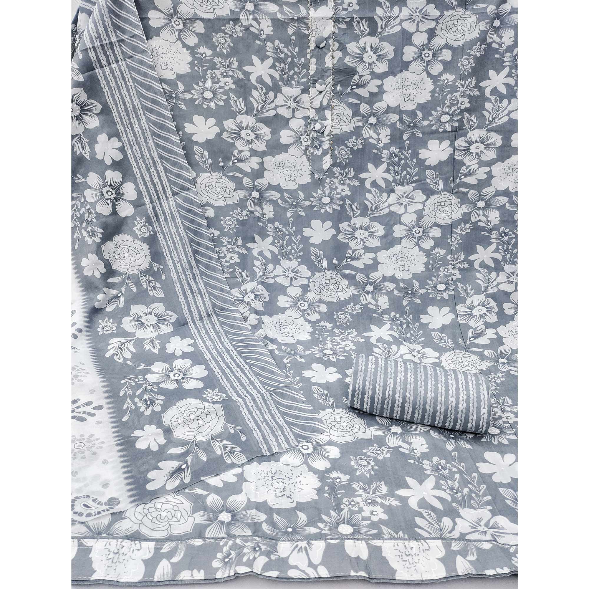 Grey Floral Printed Pure Cotton Dress Material With A Fresh Elegant Appeal