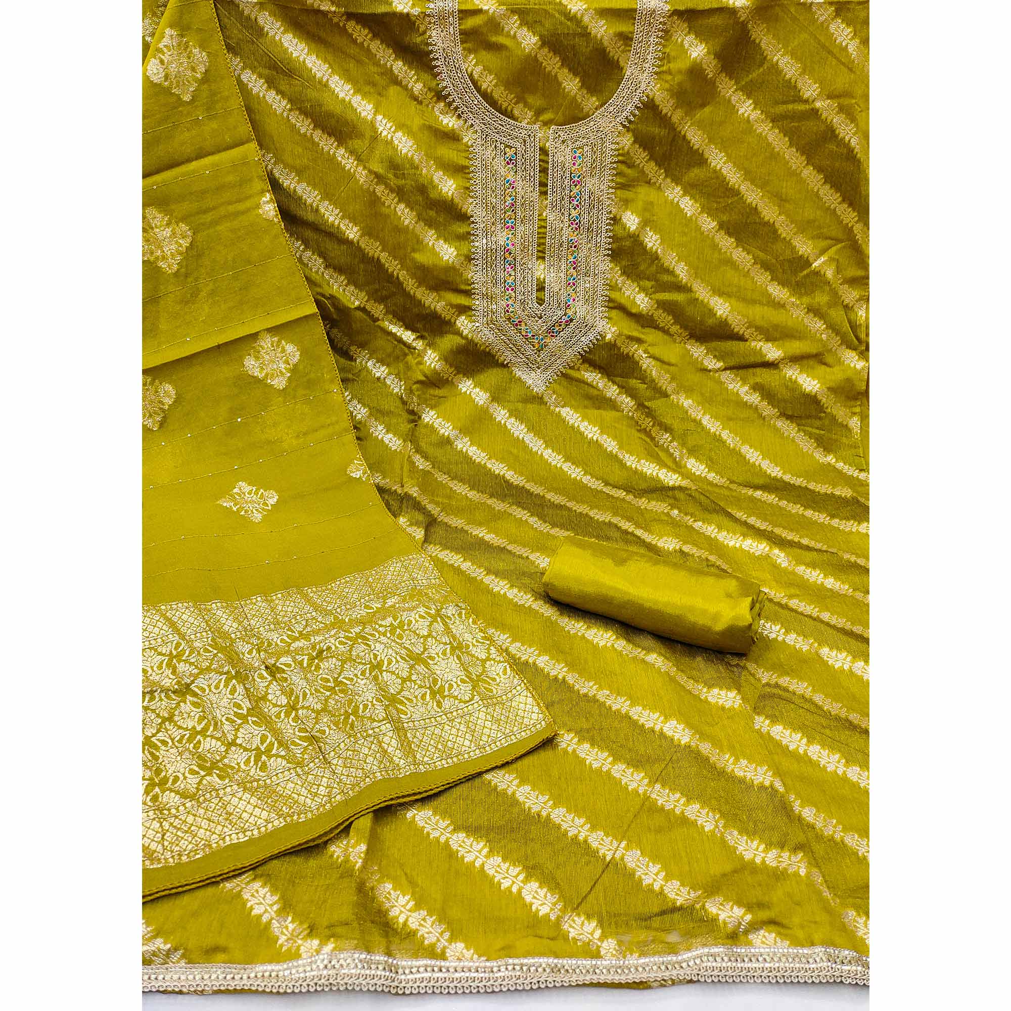 Rich Green Banarasi Silk Dress Material Featuring Floral Weaving & Neck Cording Embroidery