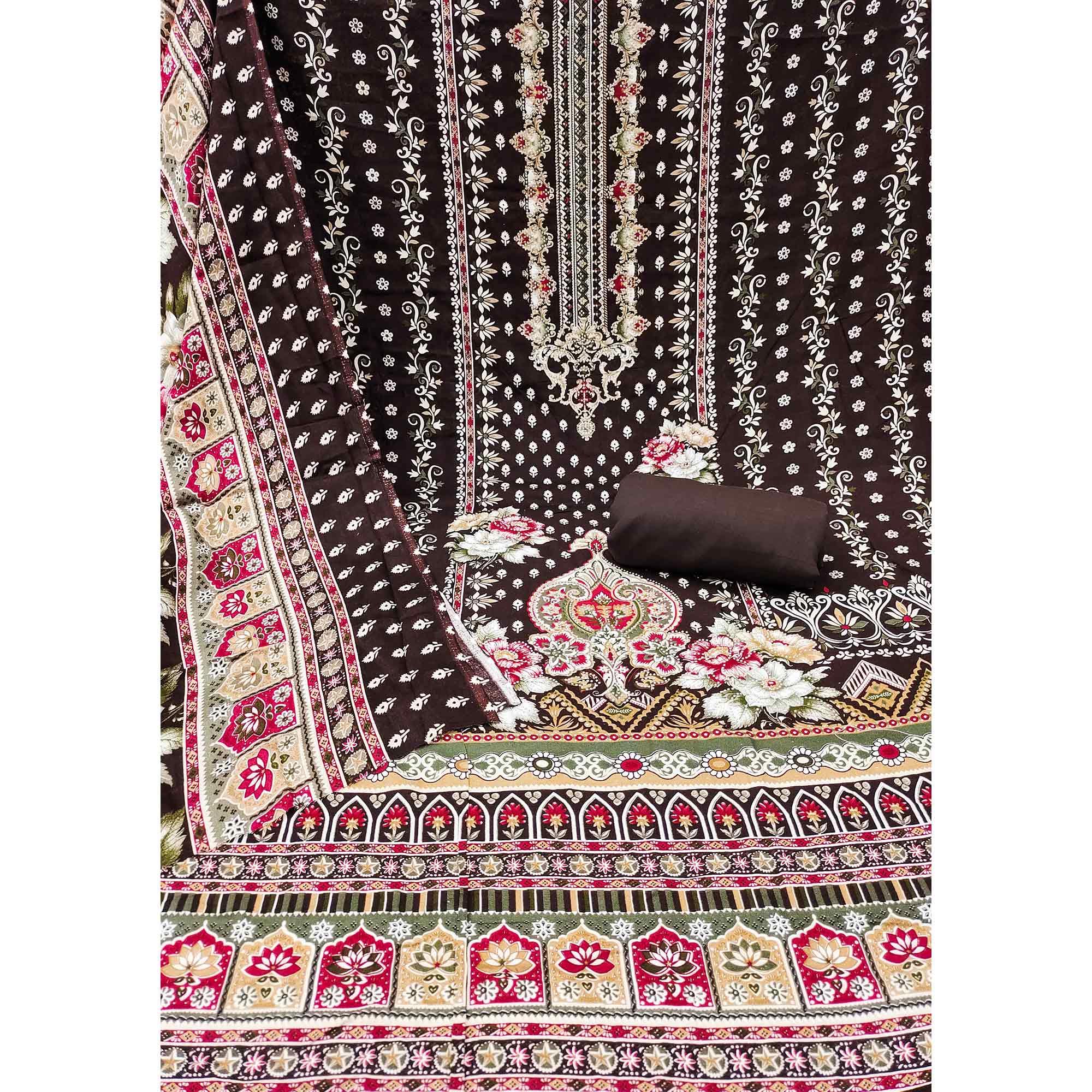 Brown Floral Printed Rayon Dress Material Enhanced With Sparkling Swarovski Work