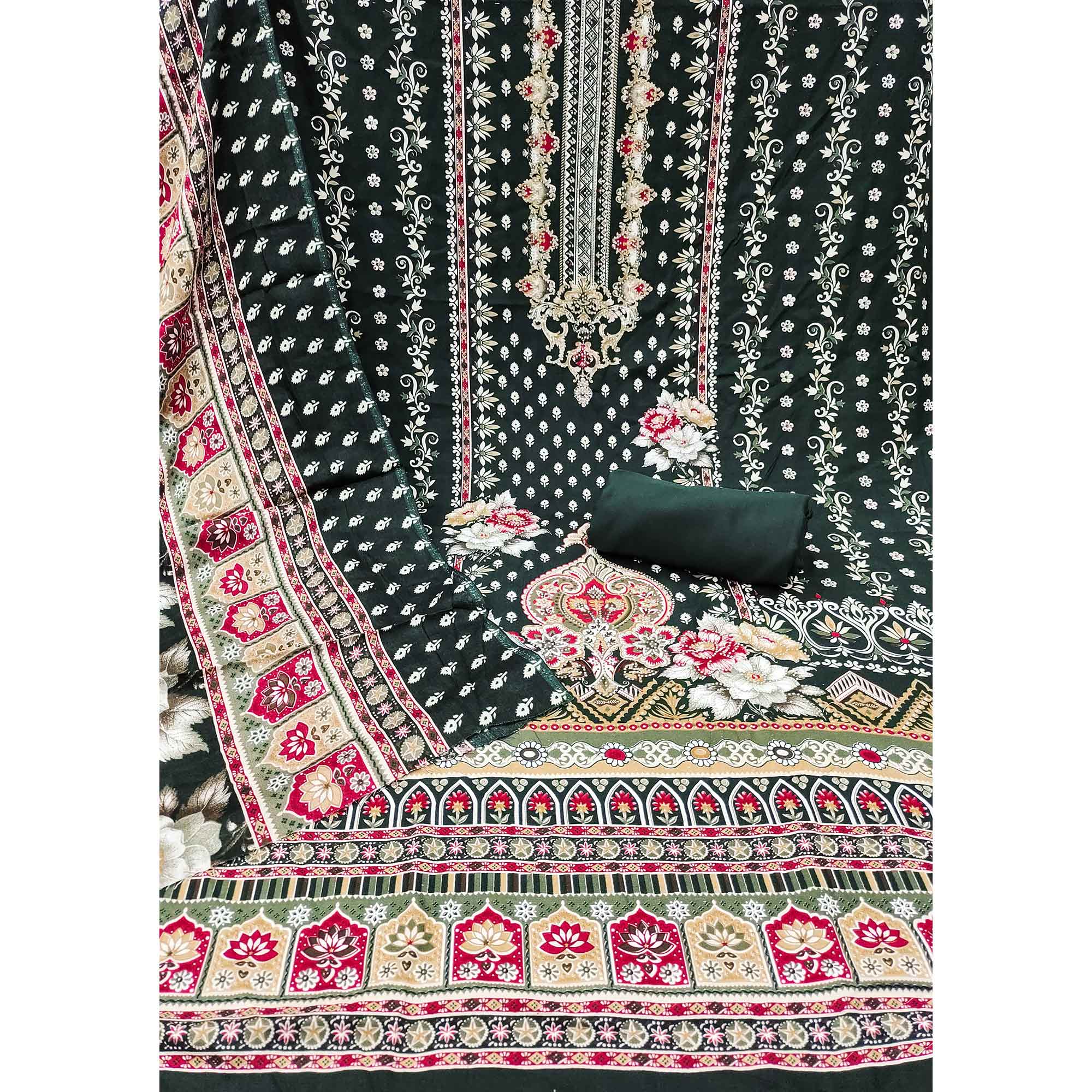 Green Floral Printed Rayon Dress Material Enhanced With Sparkling Swarovski Work