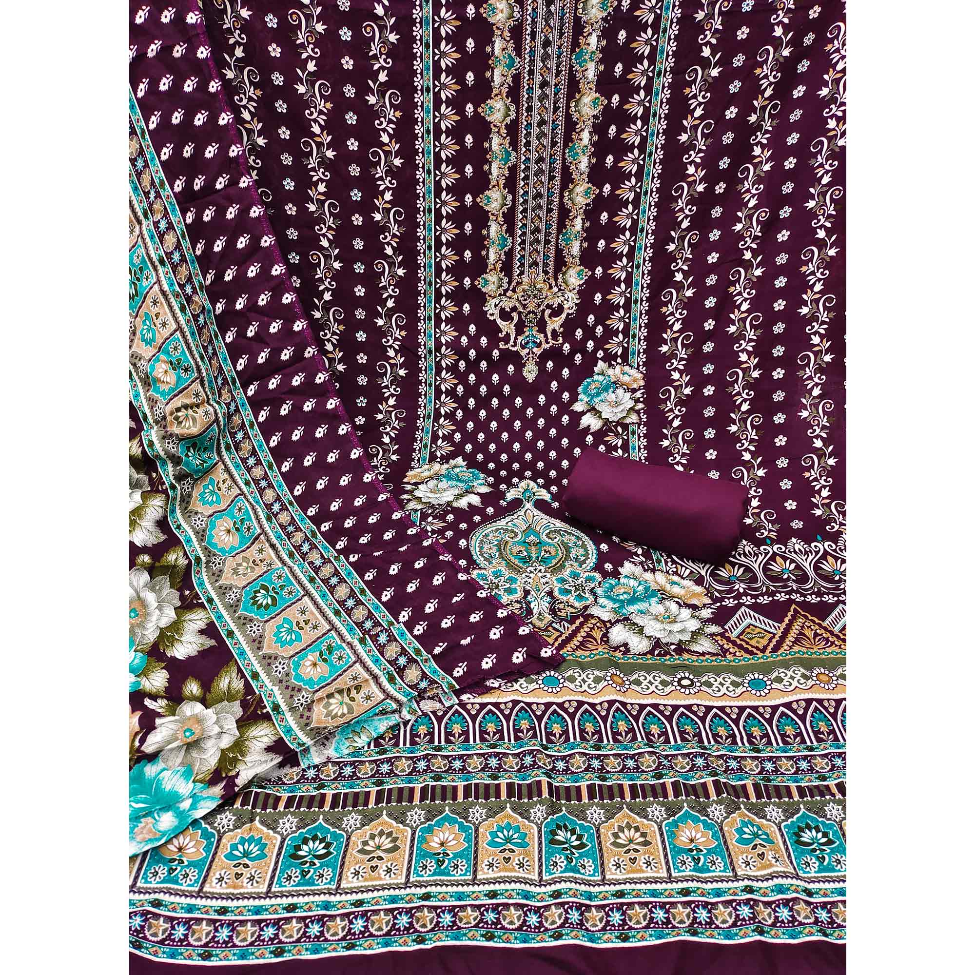 Wine Floral Printed Rayon Dress Material Enhanced With Sparkling Swarovski Work