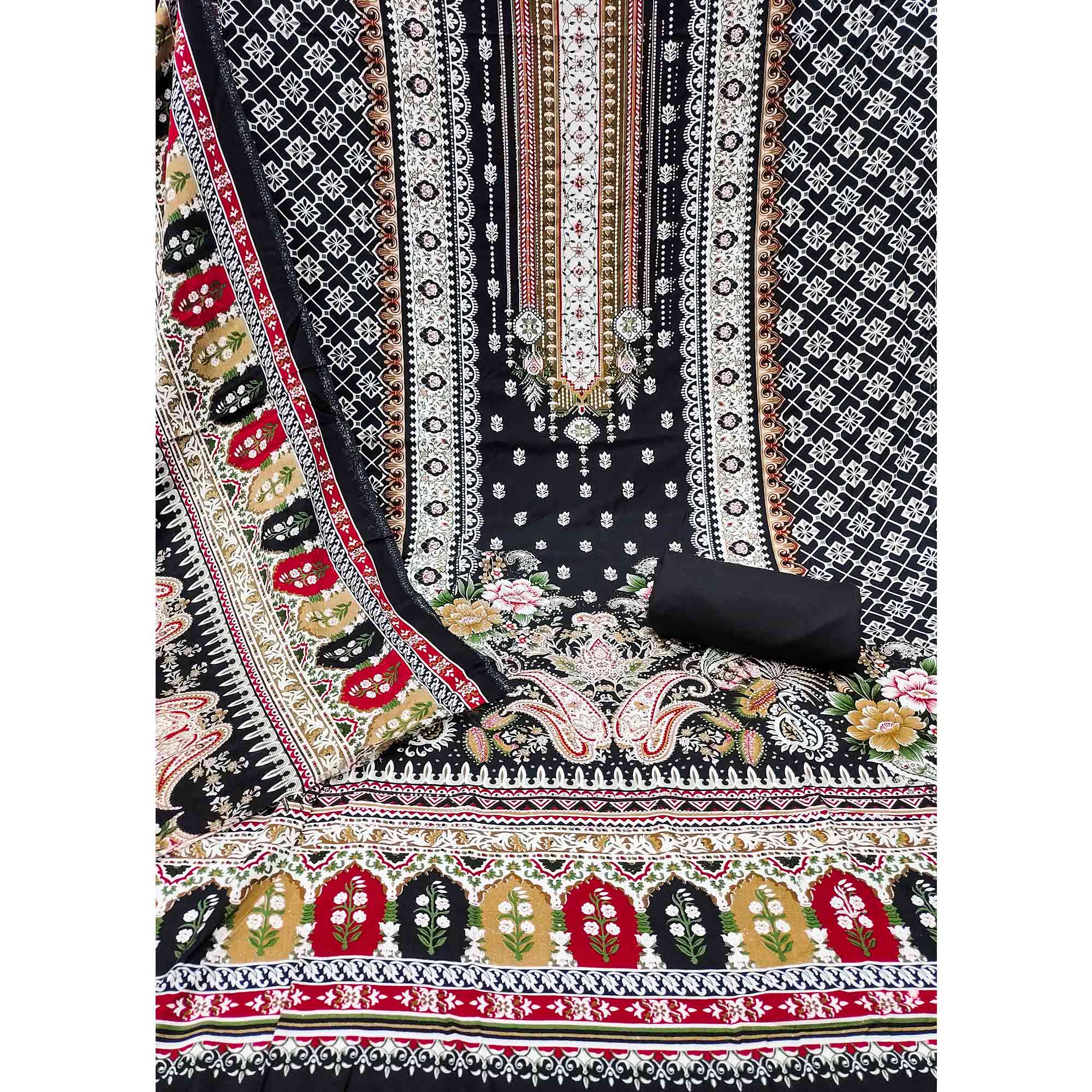 Black Floral Printed Rayon Dress Material Accented With Premium Swarovski Work