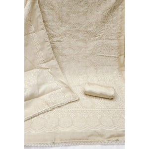 Cream Modal Chanderi Silk Dress Material Adorned With Elegant Floral Lucknowi Embroidery Work