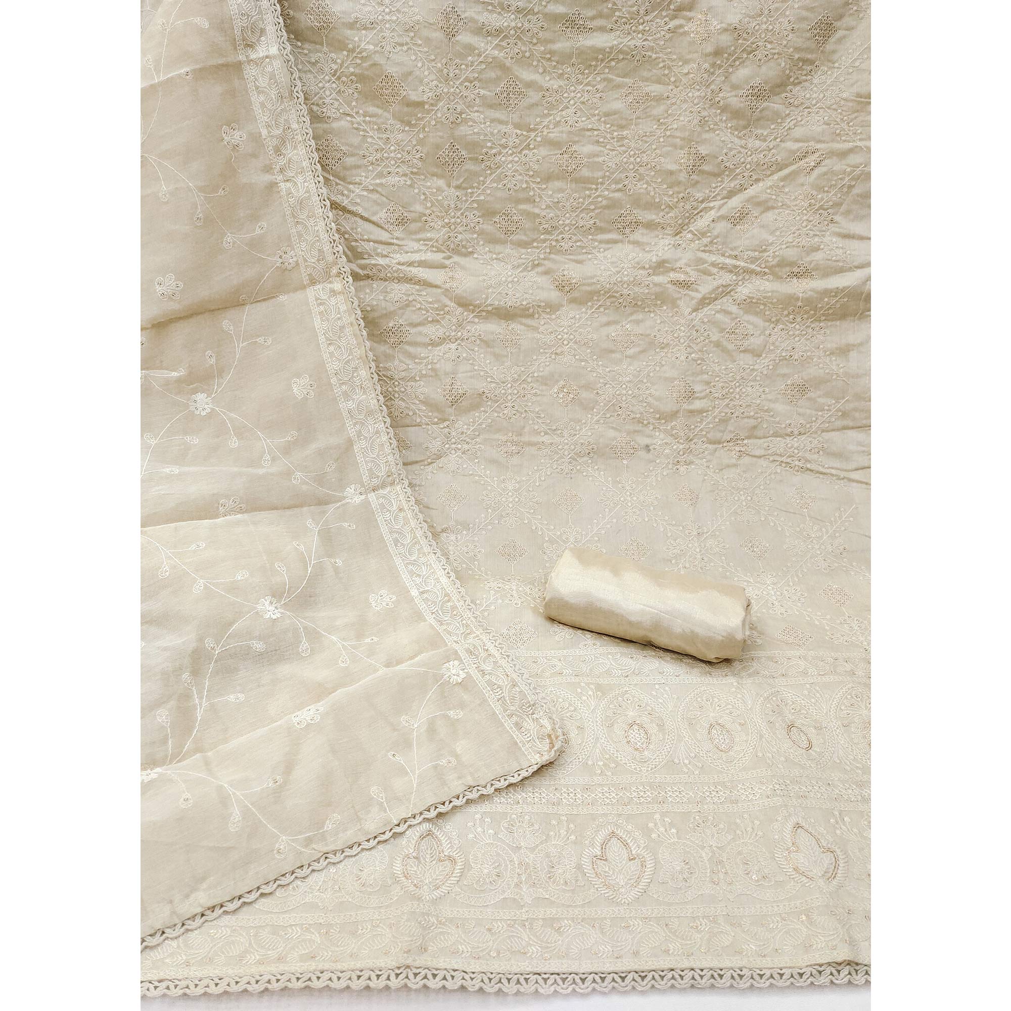 Cream Floral Lucknowi Embroidered Modal Chanderi Silk Dress Material For A Refined Ethnic Look
