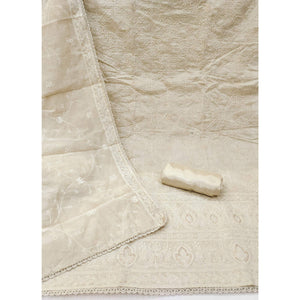 Cream Floral Lucknowi Embroidered Modal Chanderi Silk Dress Material For A Refined Ethnic Look