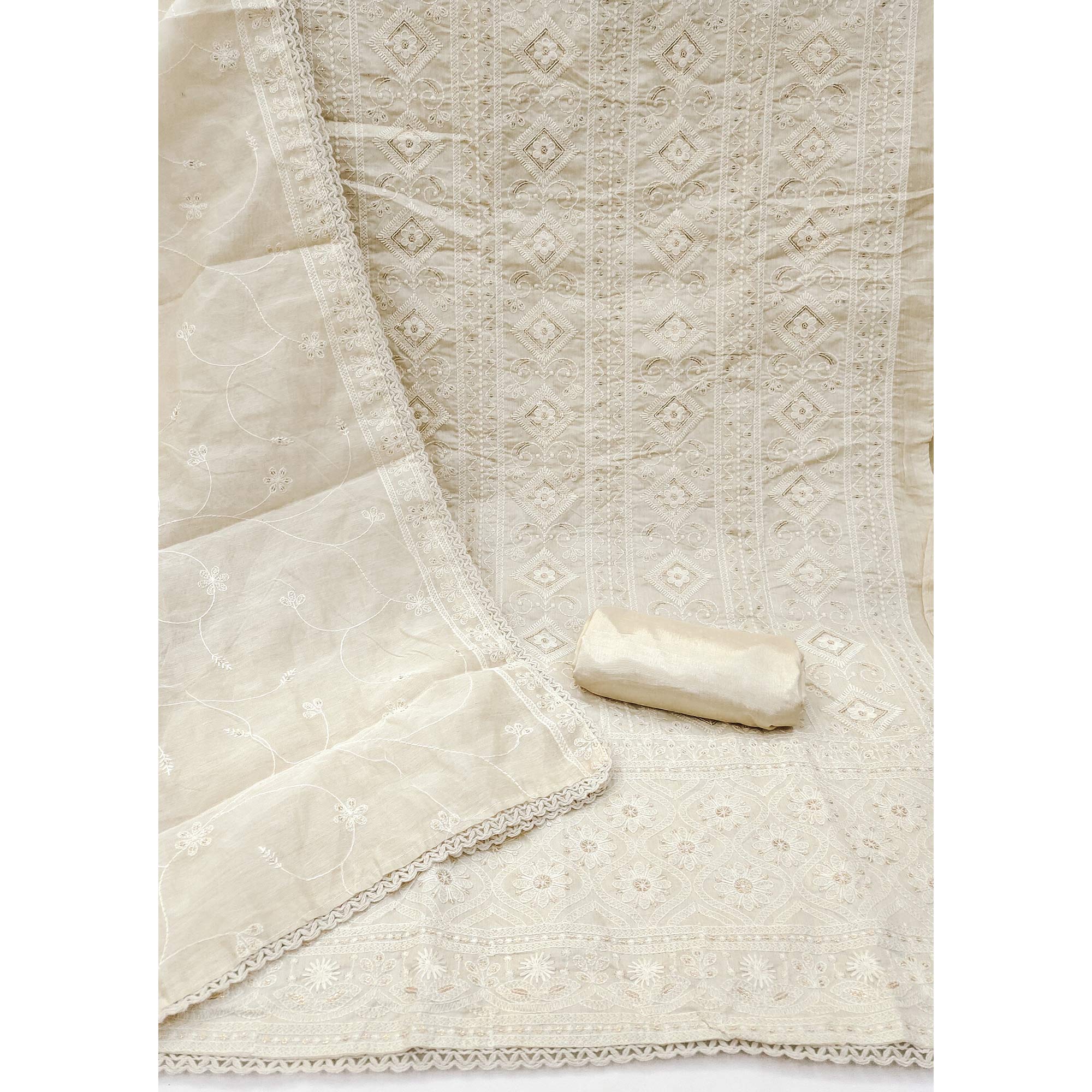 Cream Lucknowi Embroidery Work Dress Material Crafted In Premium Modal Chanderi Silk