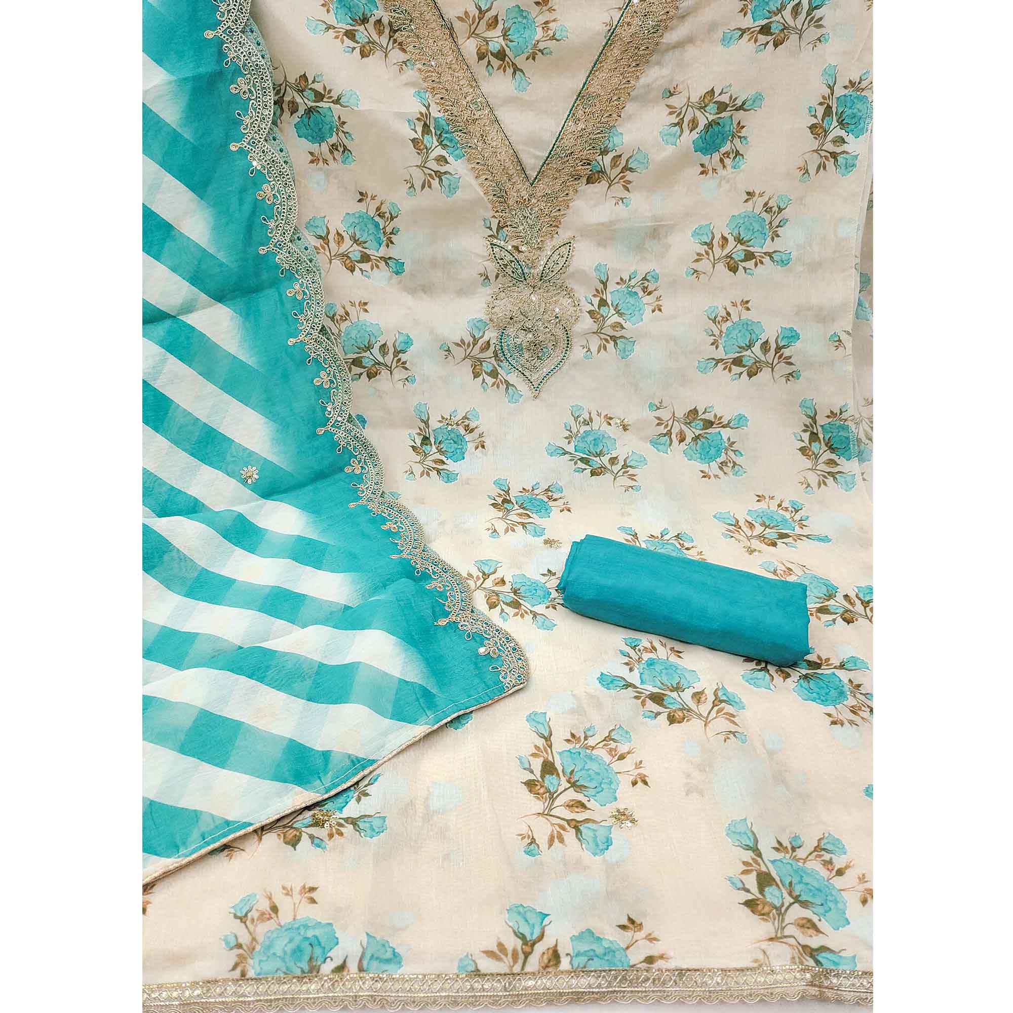 Elegant Cream & Blue Digital Floral Print Modal Chanderi Silk Dress Material With Cording Embroidery