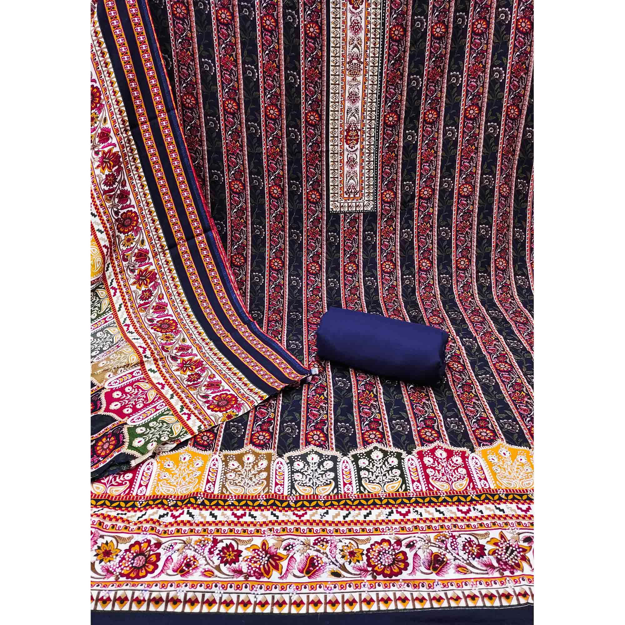 Charming Navy Blue Floral Rayon Dress Material Enhanced With Premium Swarovski Embellishment Work