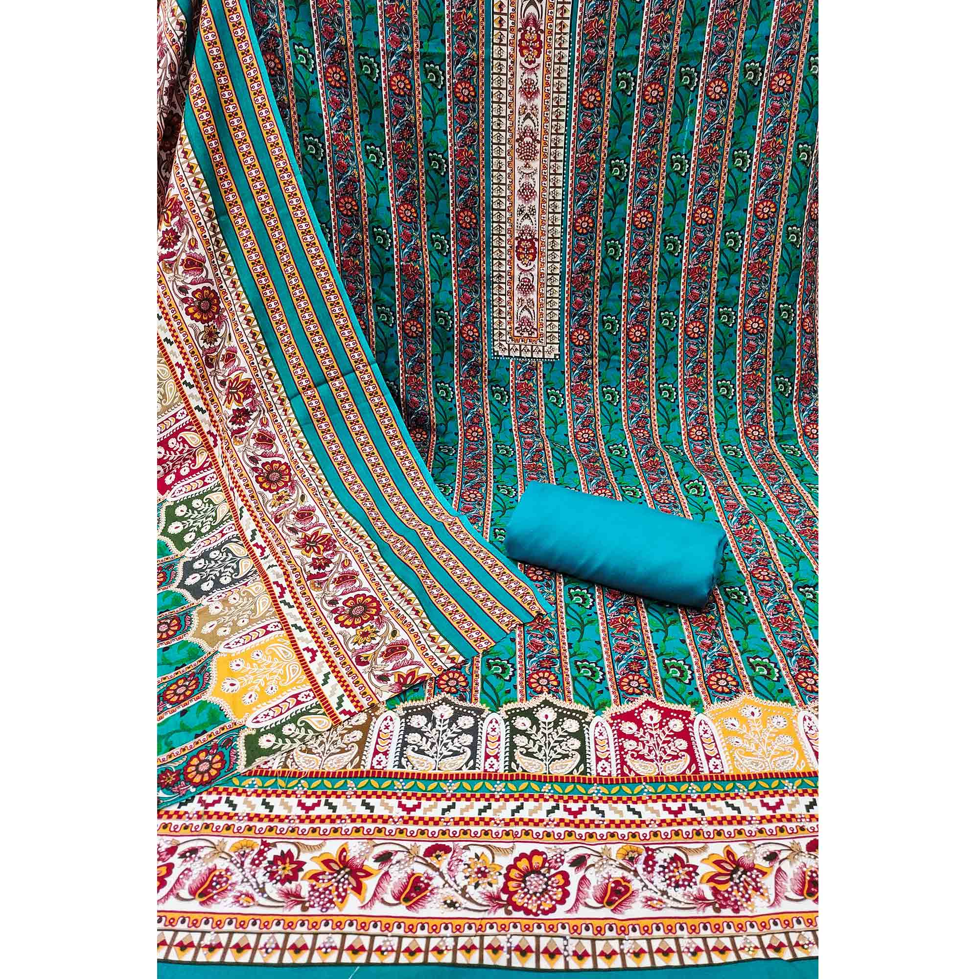 Charming Rama Blue Floral Rayon Dress Material Enhanced With Premium Swarovski Embellishment Work