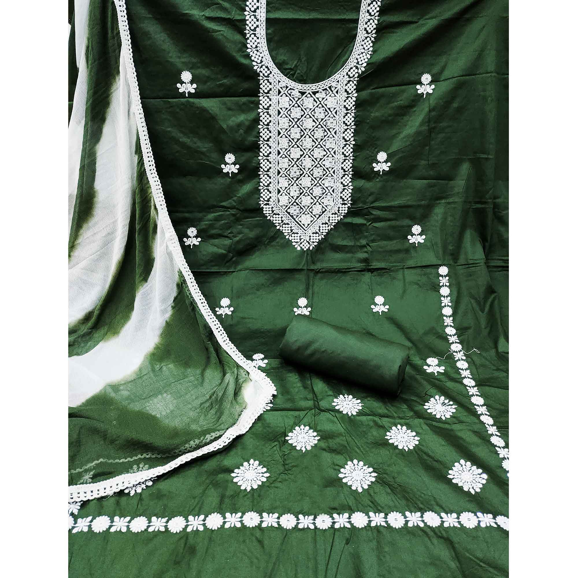 Designer Green Pure Cotton Dress Material Showcasing Floral Thread Embroidery & Luxe Sequins Work