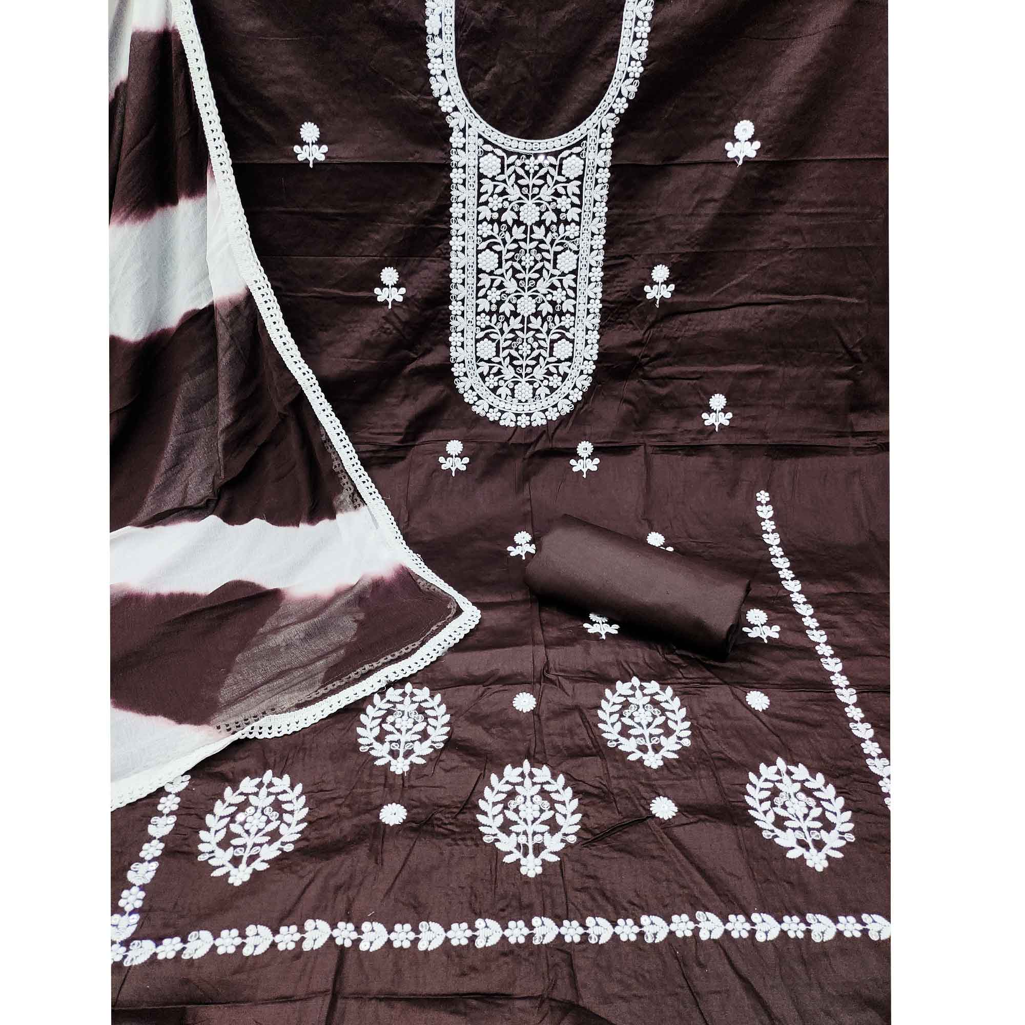 Designer Brown Pure Cotton Dress Material Showcasing Floral Thread Embroidery & Luxe Sequins Work