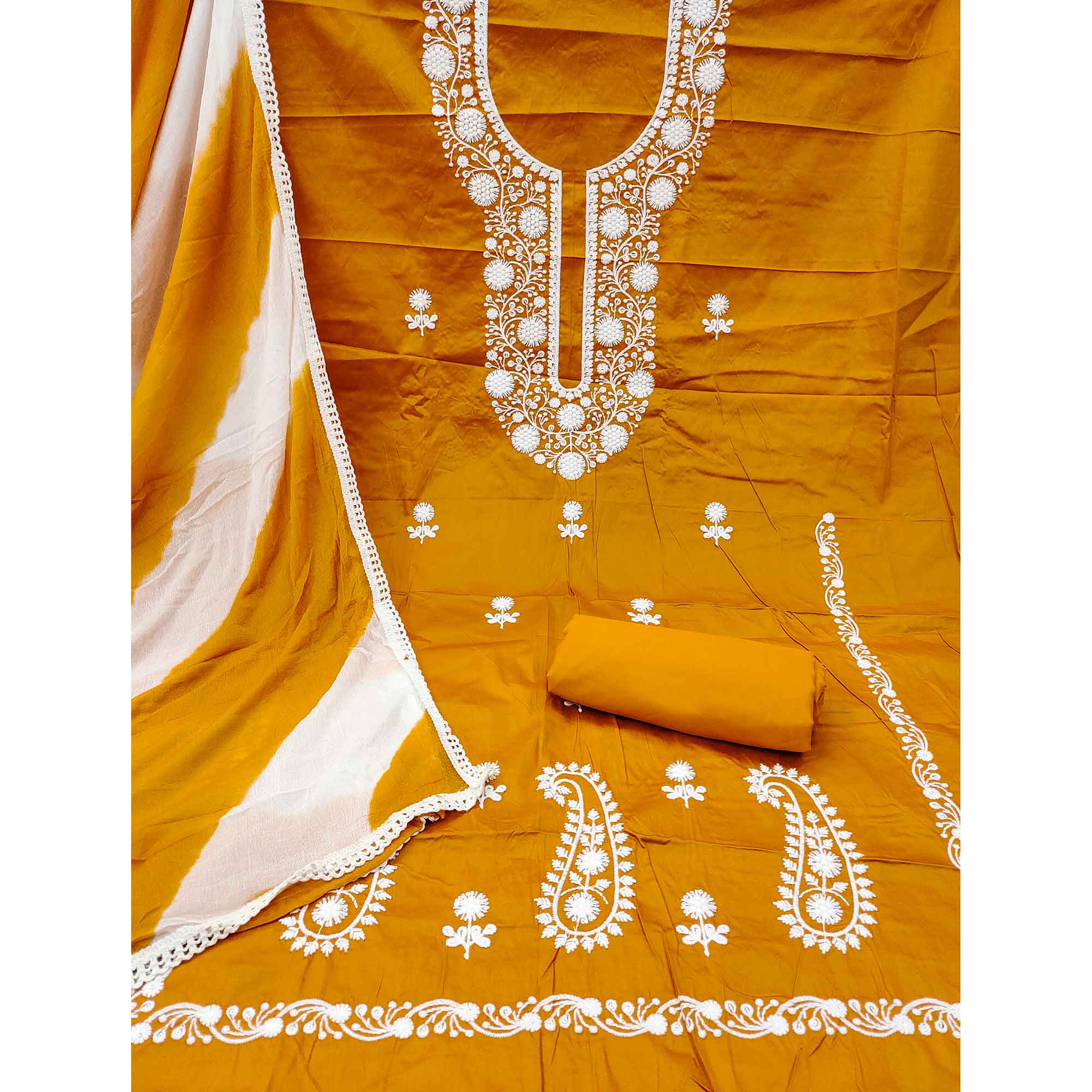 Designer Mustard Pure Cotton Dress Material Showcasing Floral Thread Embroidery & Luxe Sequins Work