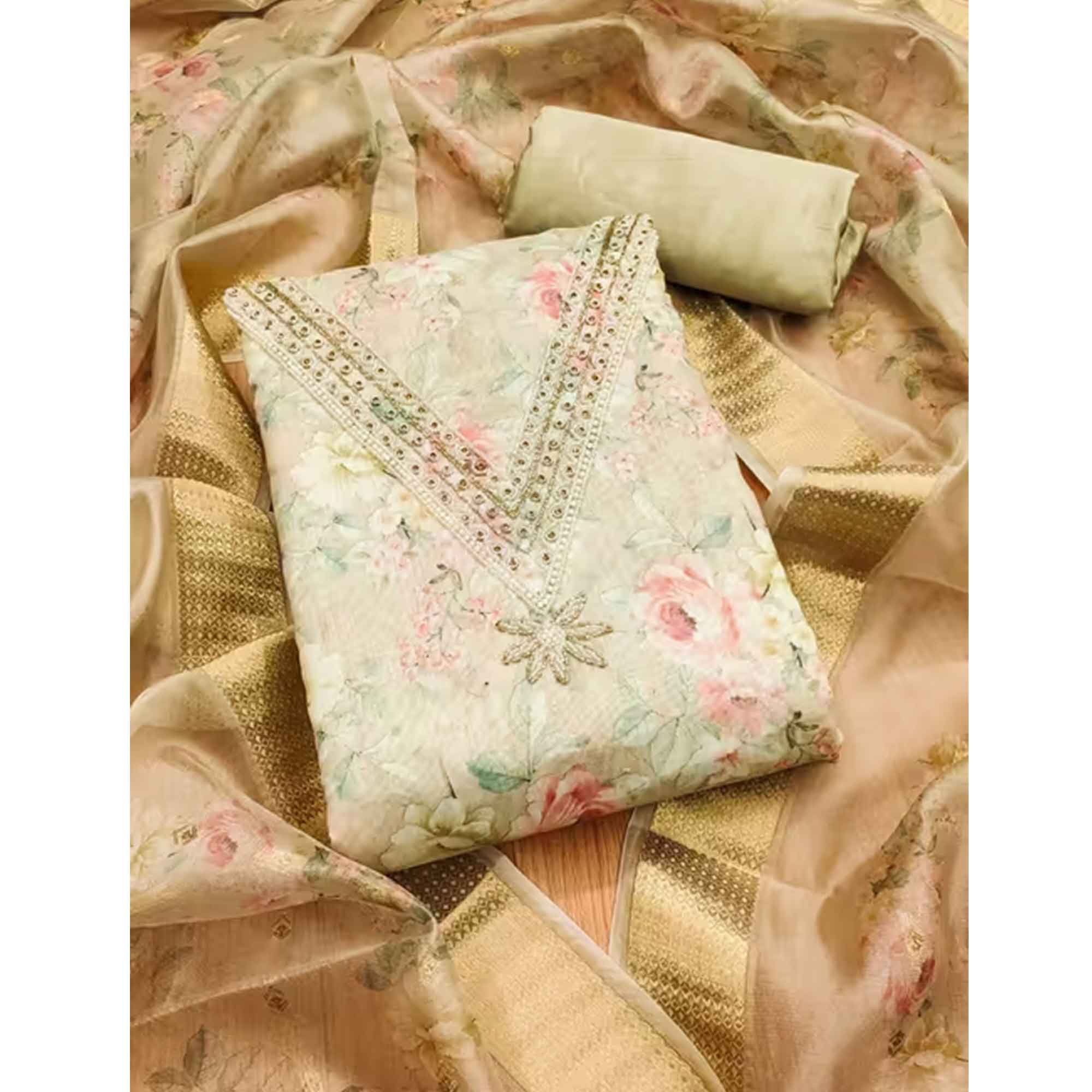 Charming Chikoo Floral Digital Printed Chanderi Silk Dress Material Adorned With Moti Khatli Work