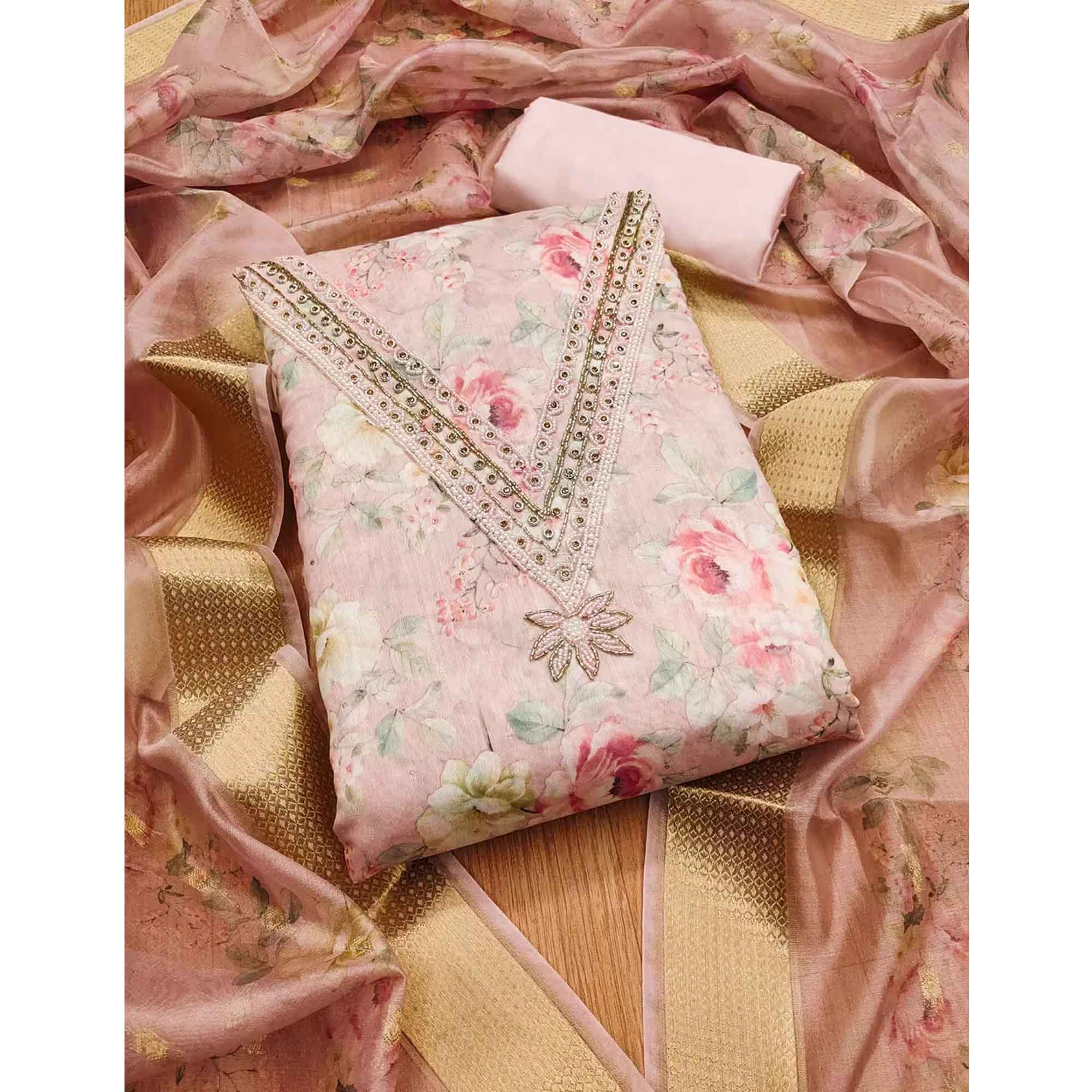 Charming Pink Floral Digital Printed Chanderi Silk Dress Material Adorned With Moti Khatli Work