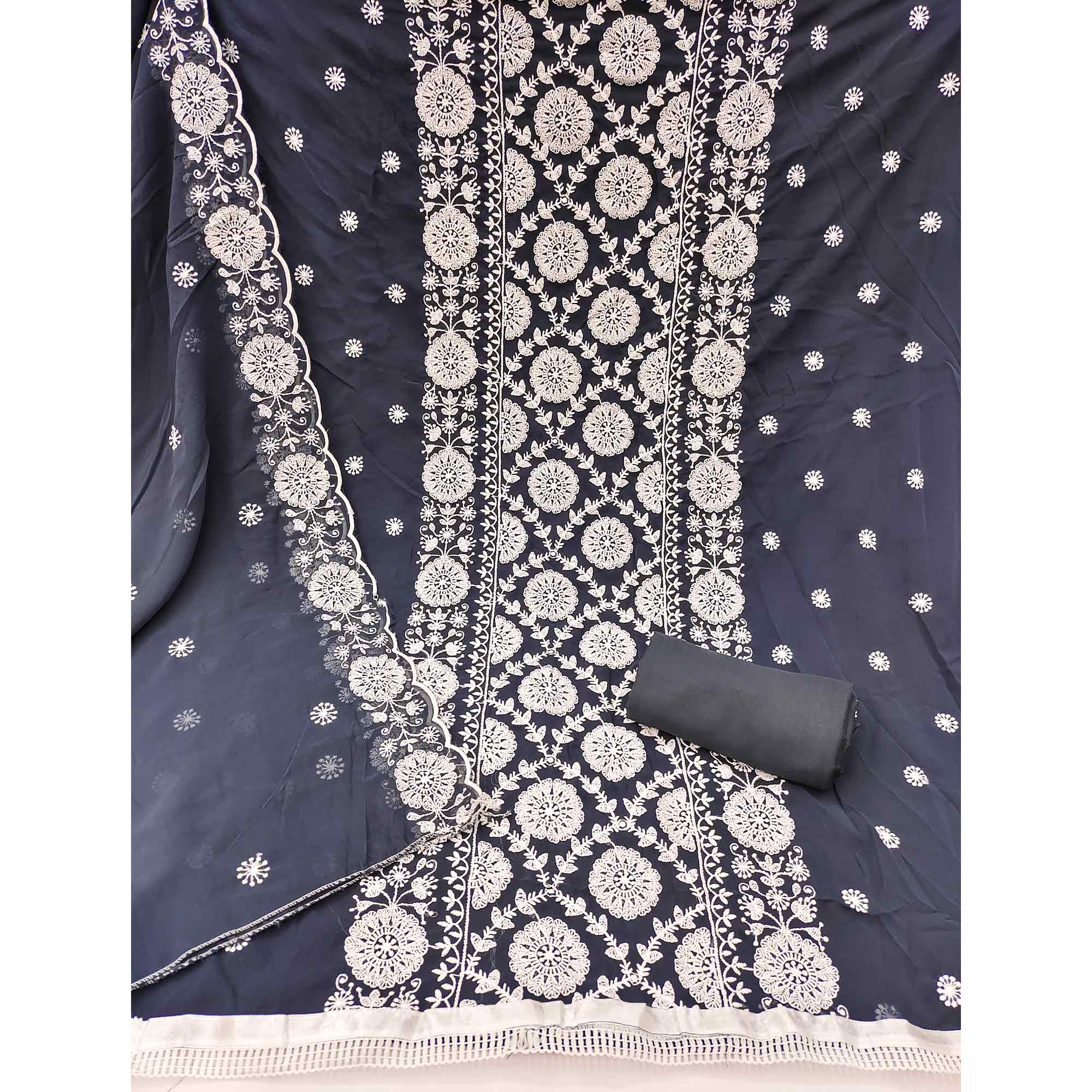 Classic Dark Grey Floral Thread Embroidered Georgette Dress Material With Timeless Appeal