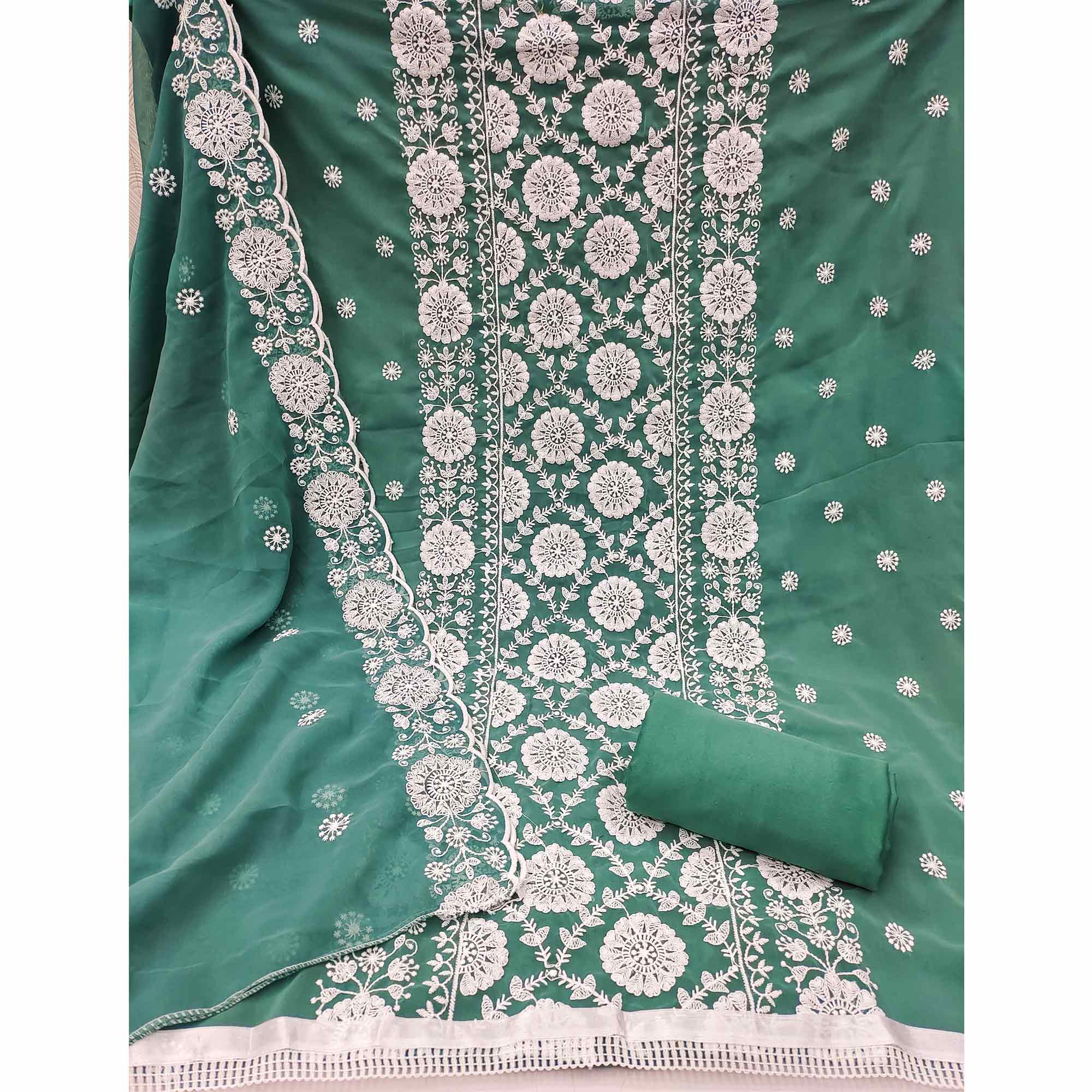 Classic Dark Mint Green Floral Thread Embroidered Georgette Dress Material With Timeless Appeal