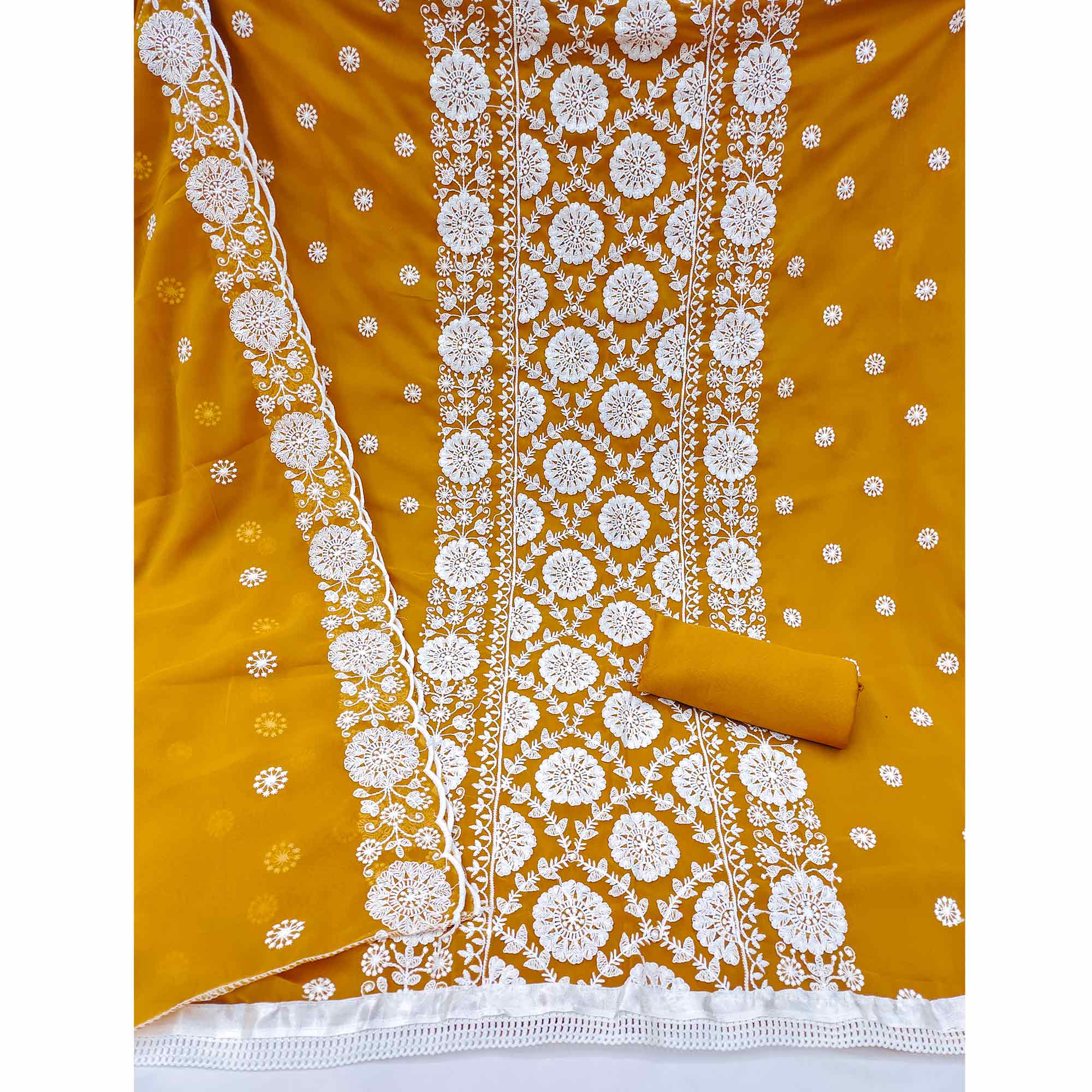 Classic Mustard Floral Thread Embroidered Georgette Dress Material With Timeless Appeal