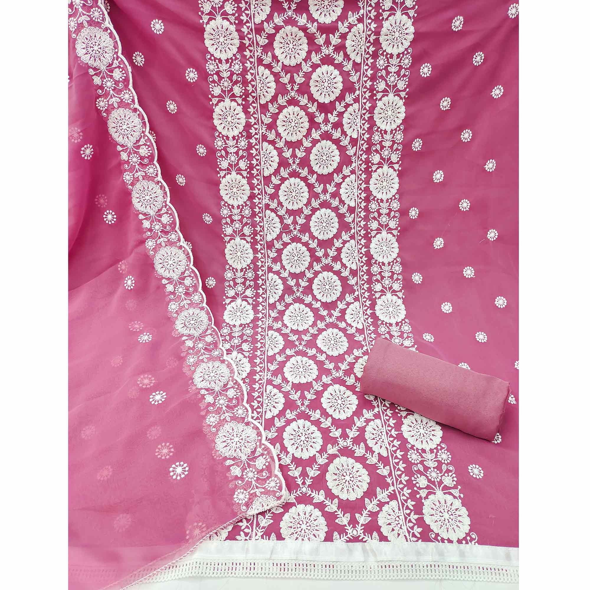 Classic Pink Floral Thread Embroidered Georgette Dress Material With Timeless Appeal