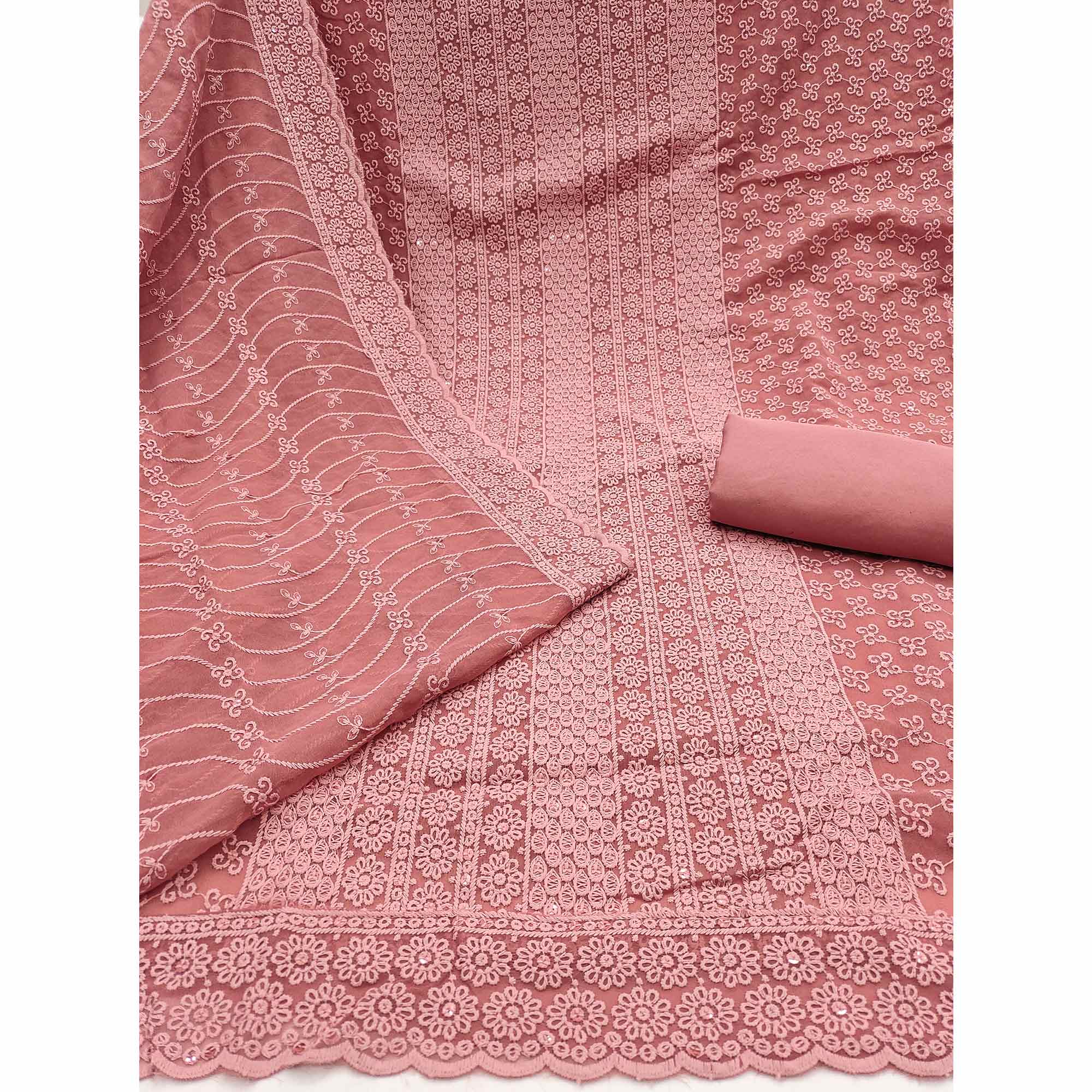 Elegant Dusty Rose Pink Floral Thread Embroidered With Sequins Work Georgette Dress Material