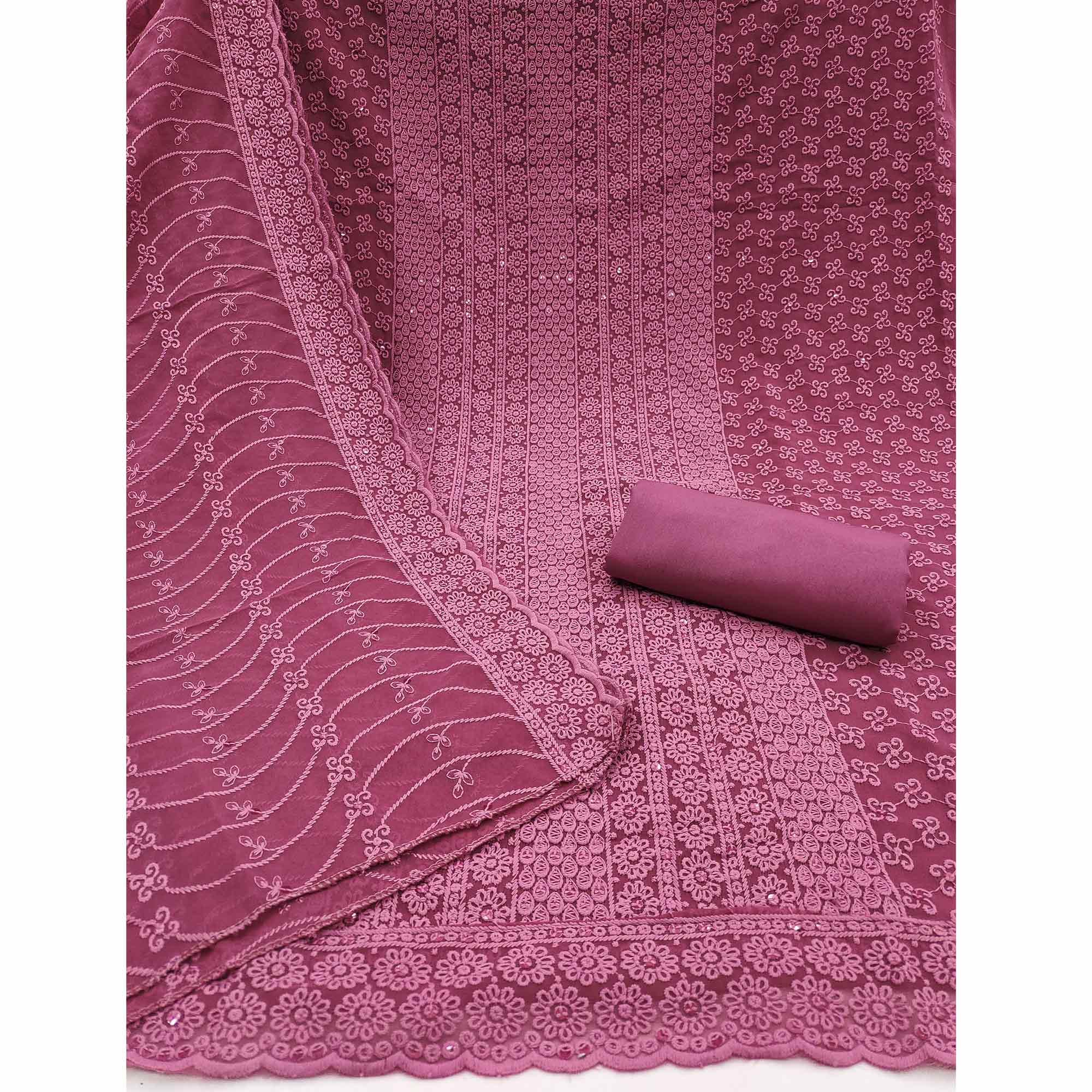 Elegant Mauve Floral Thread Embroidered With Sequins Work Georgette Dress Material