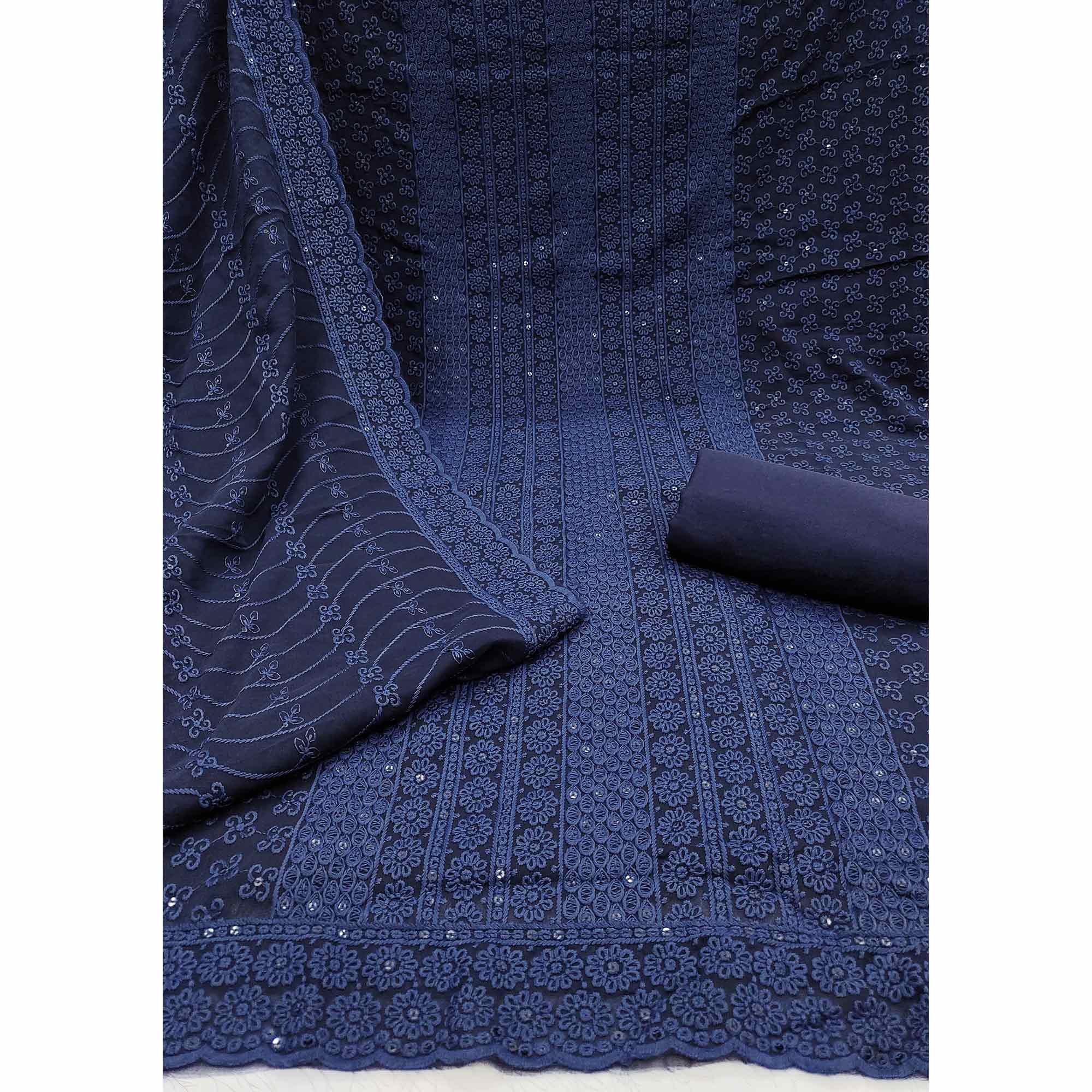 Elegant Navy Blue Floral Thread Embroidered With Sequins Work Georgette Dress Material