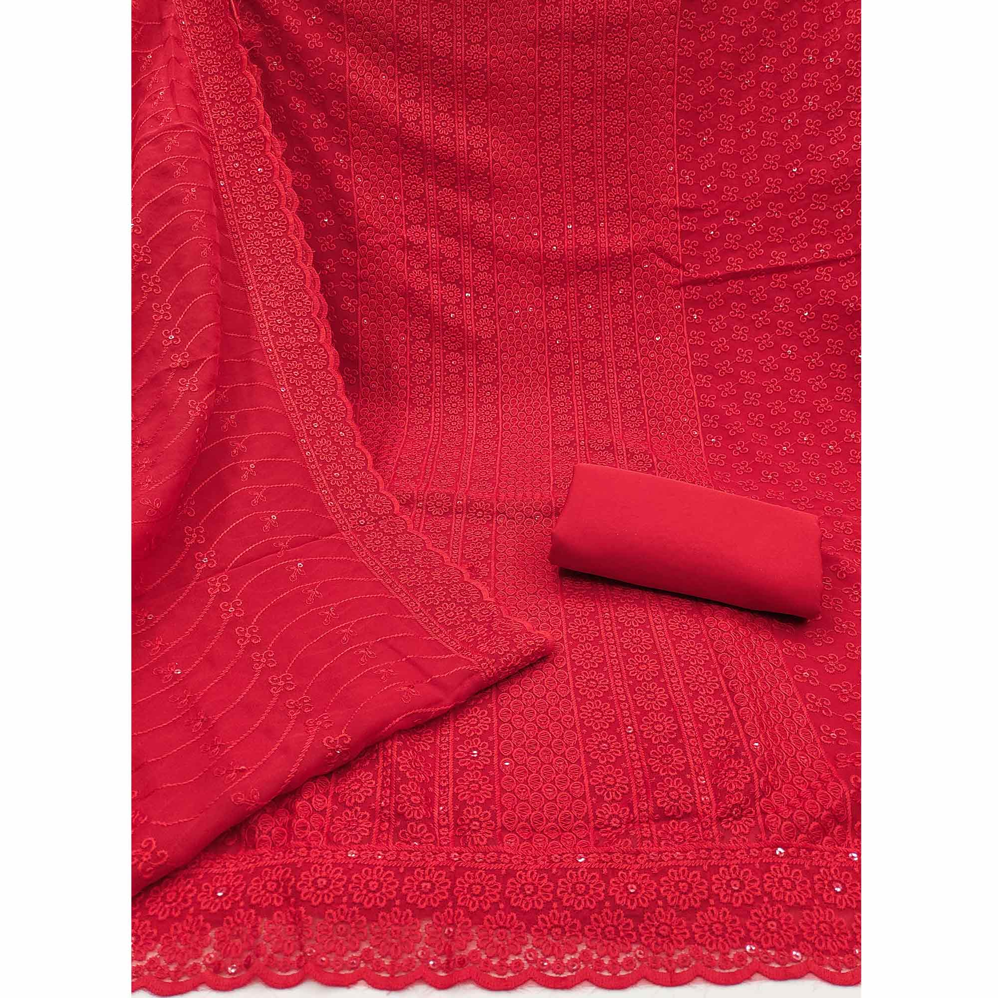 Elegant Red Floral Thread Embroidered With Sequins Work Georgette Dress Material