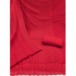 Elegant Red Floral Thread Embroidered With Sequins Work Georgette Dress Material