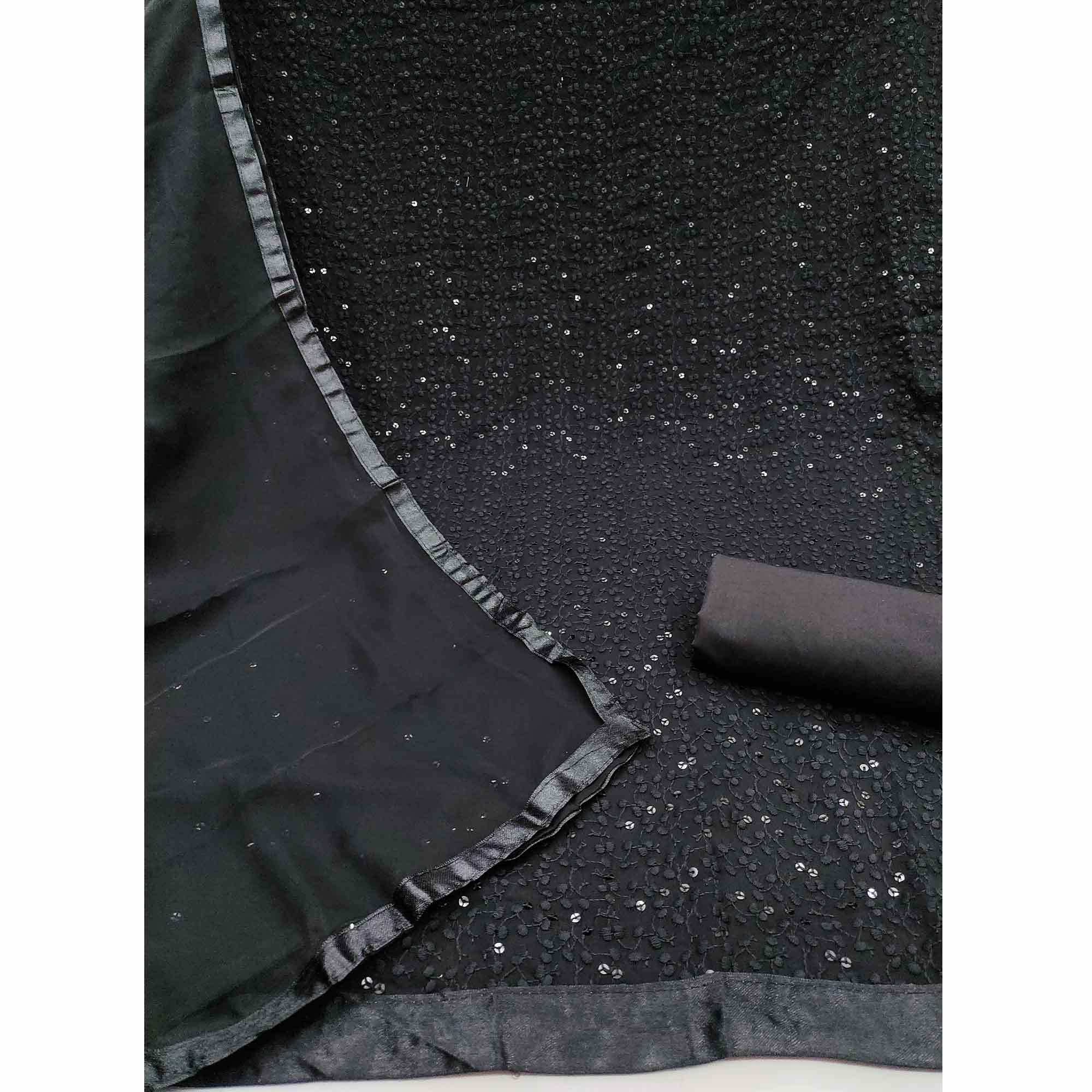 Stylish Black Thread Embroidered With Sequins Work Georgette Dress Material For Ethnic Styling
