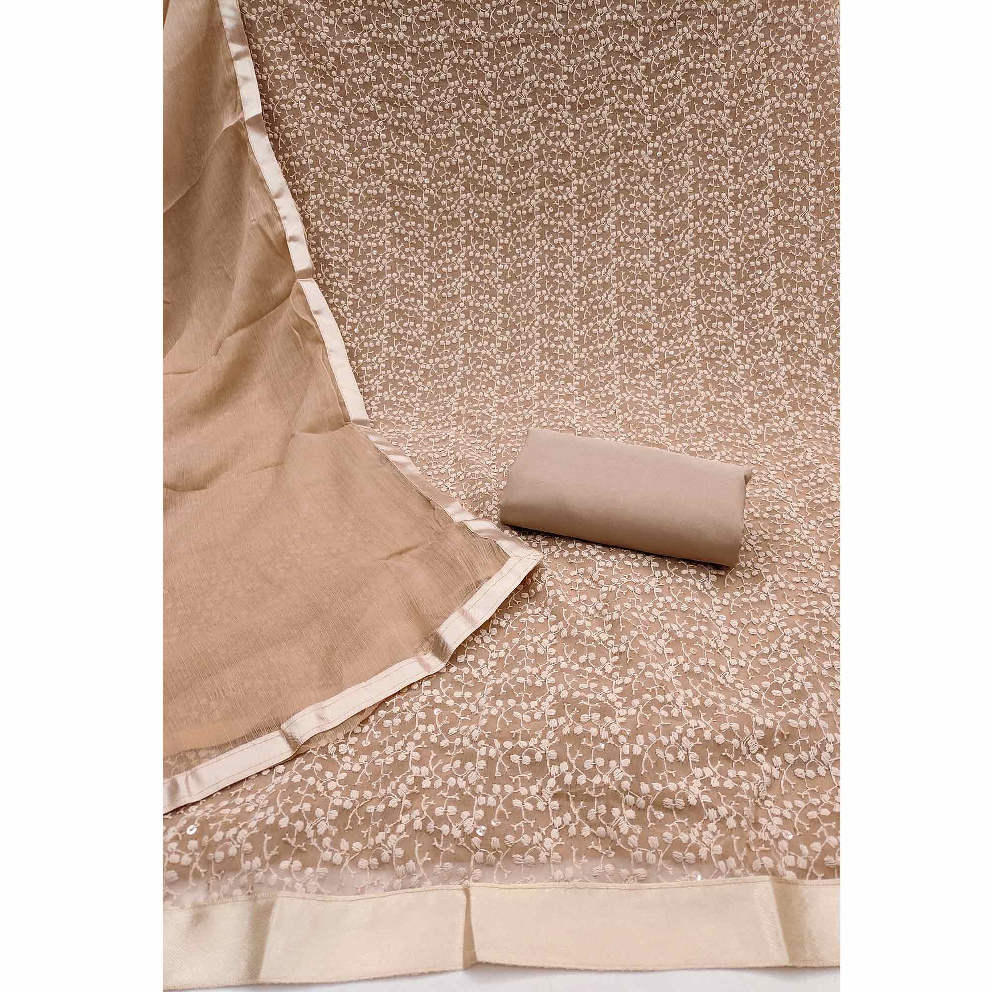 Stylish Brown Thread Embroidered With Sequins Work Georgette Dress Material For Ethnic Styling