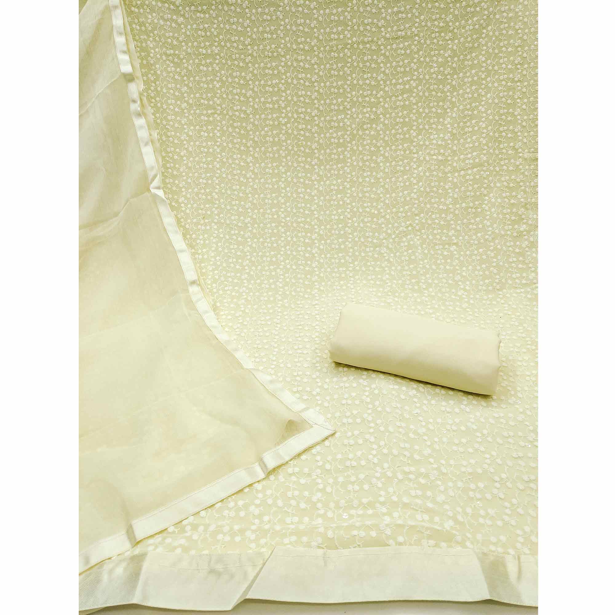 Stylish Cream Thread Embroidered With Sequins Work Georgette Dress Material For Ethnic Styling