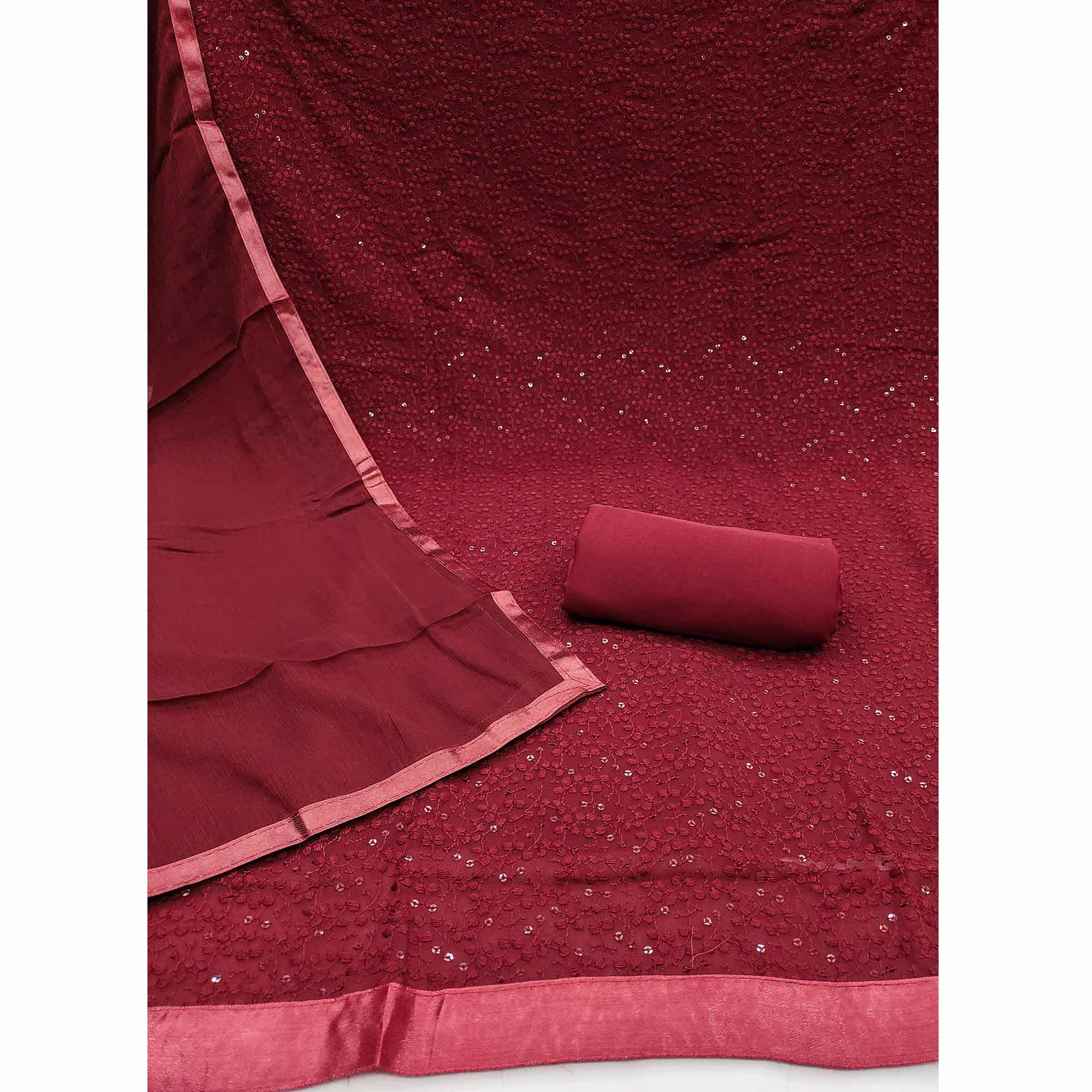Stylish Maroon Thread Embroidered With Sequins Work Georgette Dress Material For Ethnic Styling