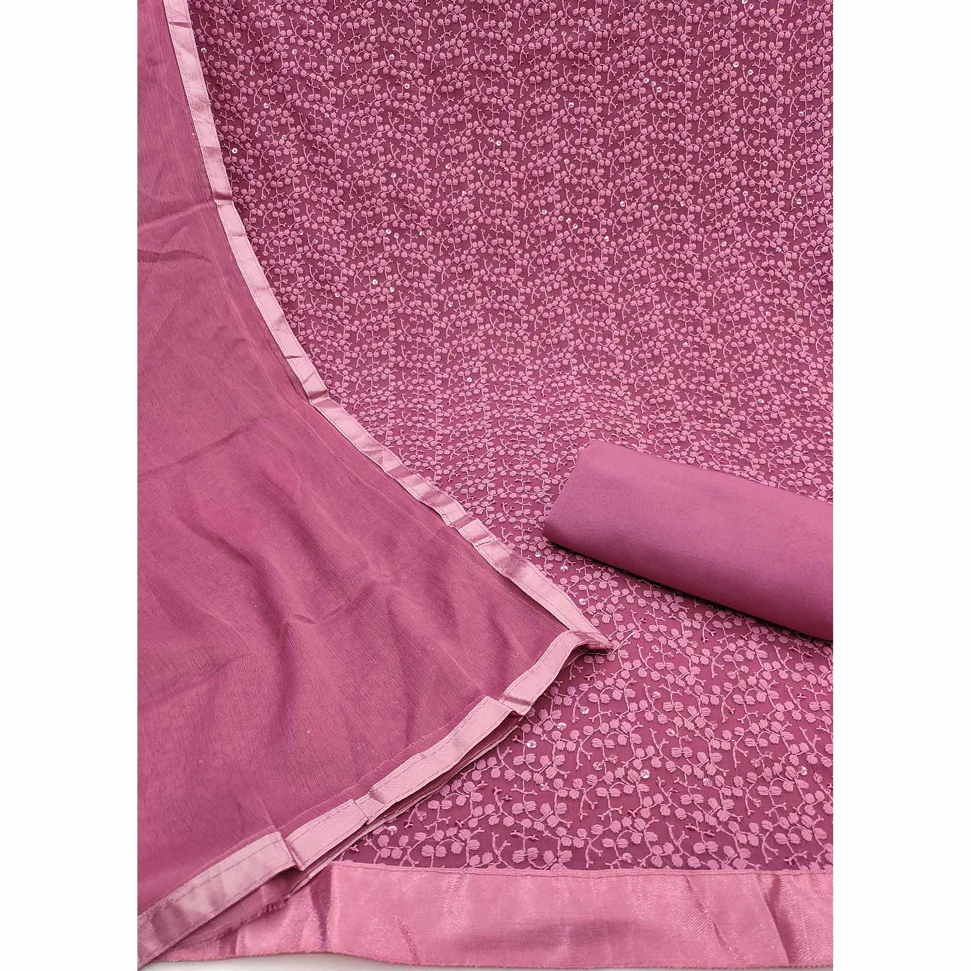 Stylish Mauve Thread Embroidered With Sequins Work Georgette Dress Material For Ethnic Styling