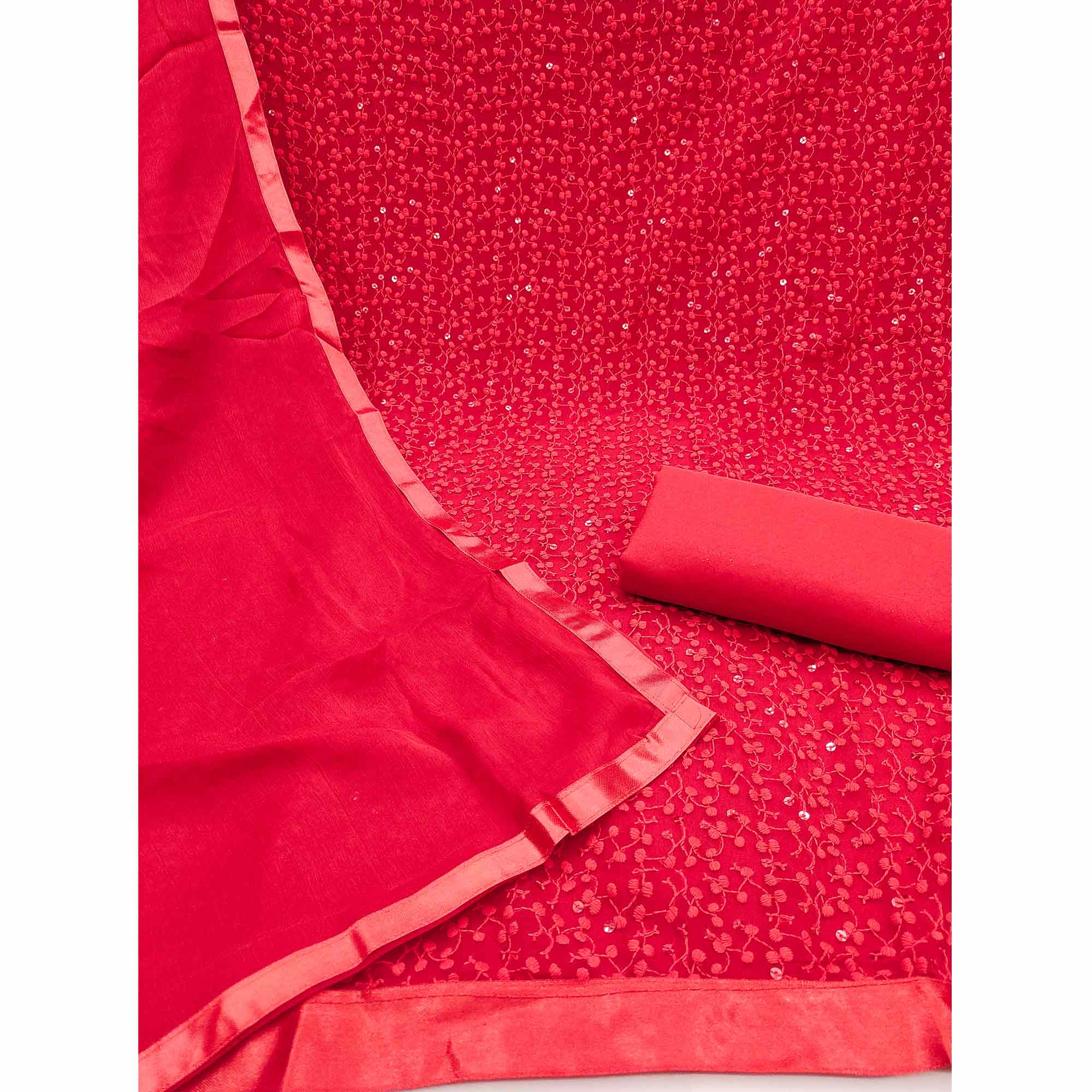 Stylish Red Thread Embroidered With Sequins Work Georgette Dress Material For Ethnic Styling