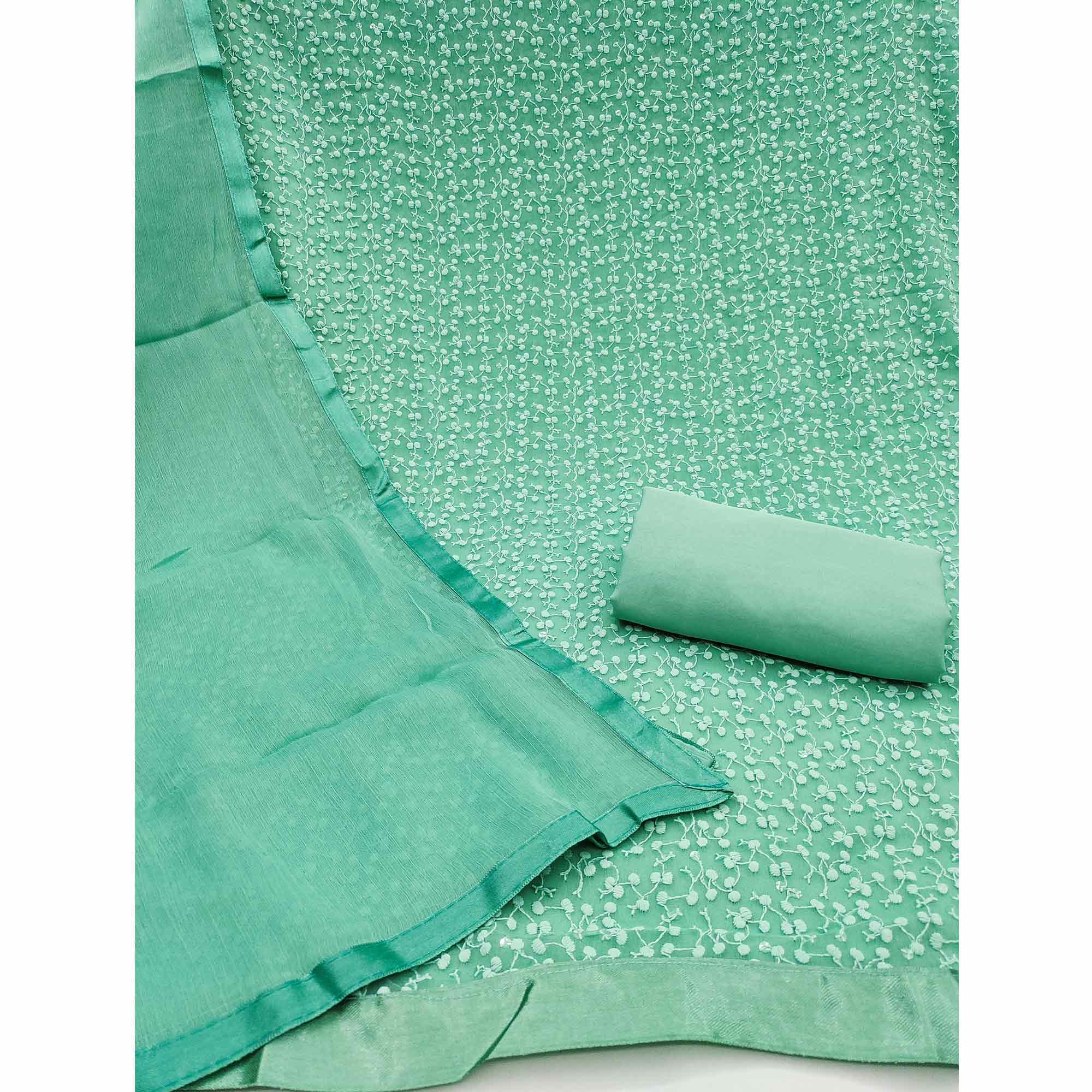 Stylish Sea Green Thread Embroidered With Sequins Work Georgette Dress Material For Ethnic Styling