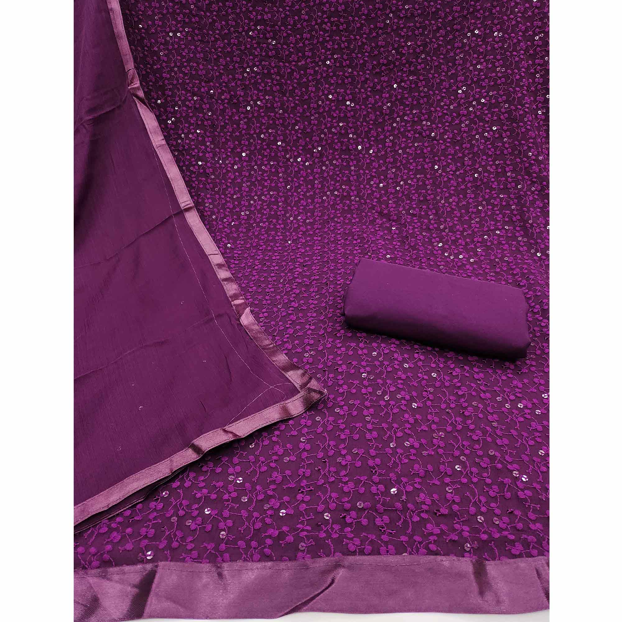 Stylish Wine Thread Embroidered With Sequins Work Georgette Dress Material For Ethnic Styling