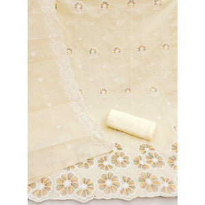 Elegant Cream Floral Thread Embroidered Chanderi Silk Dress Material