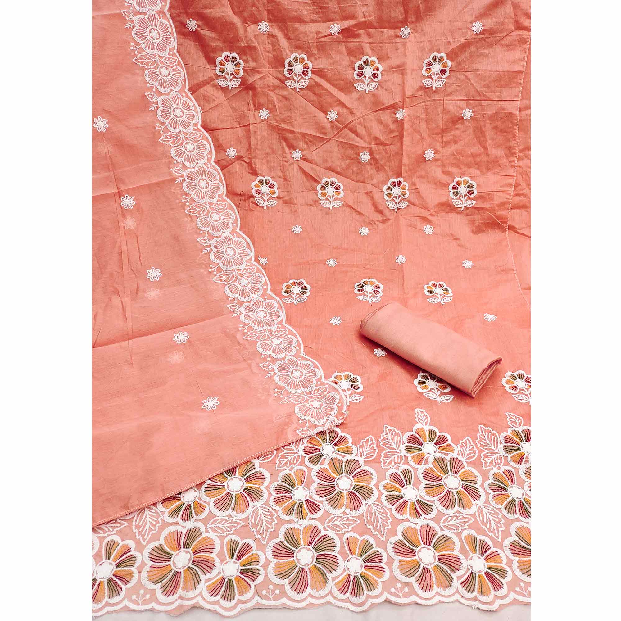 Elegant Peach Floral Thread Embroidered Chanderi Silk Dress Material