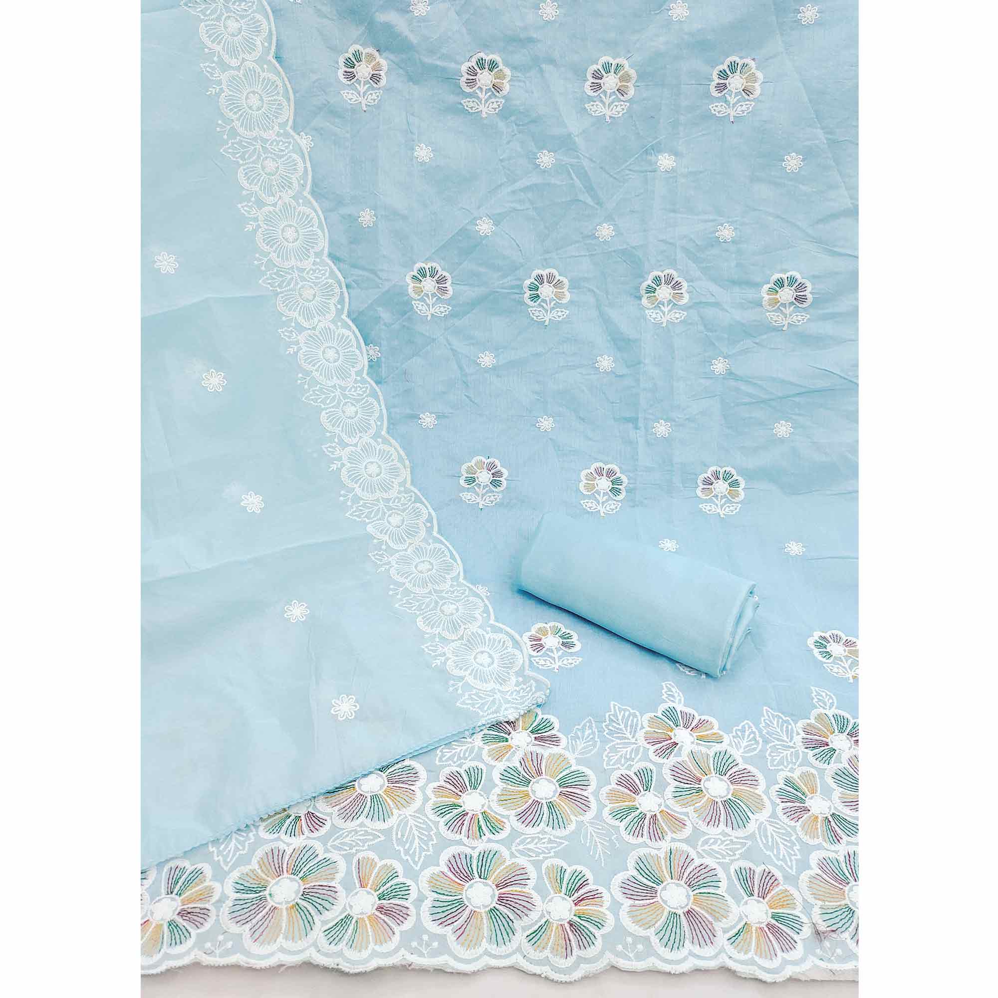Elegant Sky Blue Floral Thread Embroidered Chanderi Silk Dress Material