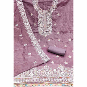 Graceful Onion Pink Floral Thread Embroidery Chanderi Silk Designer Dress Material