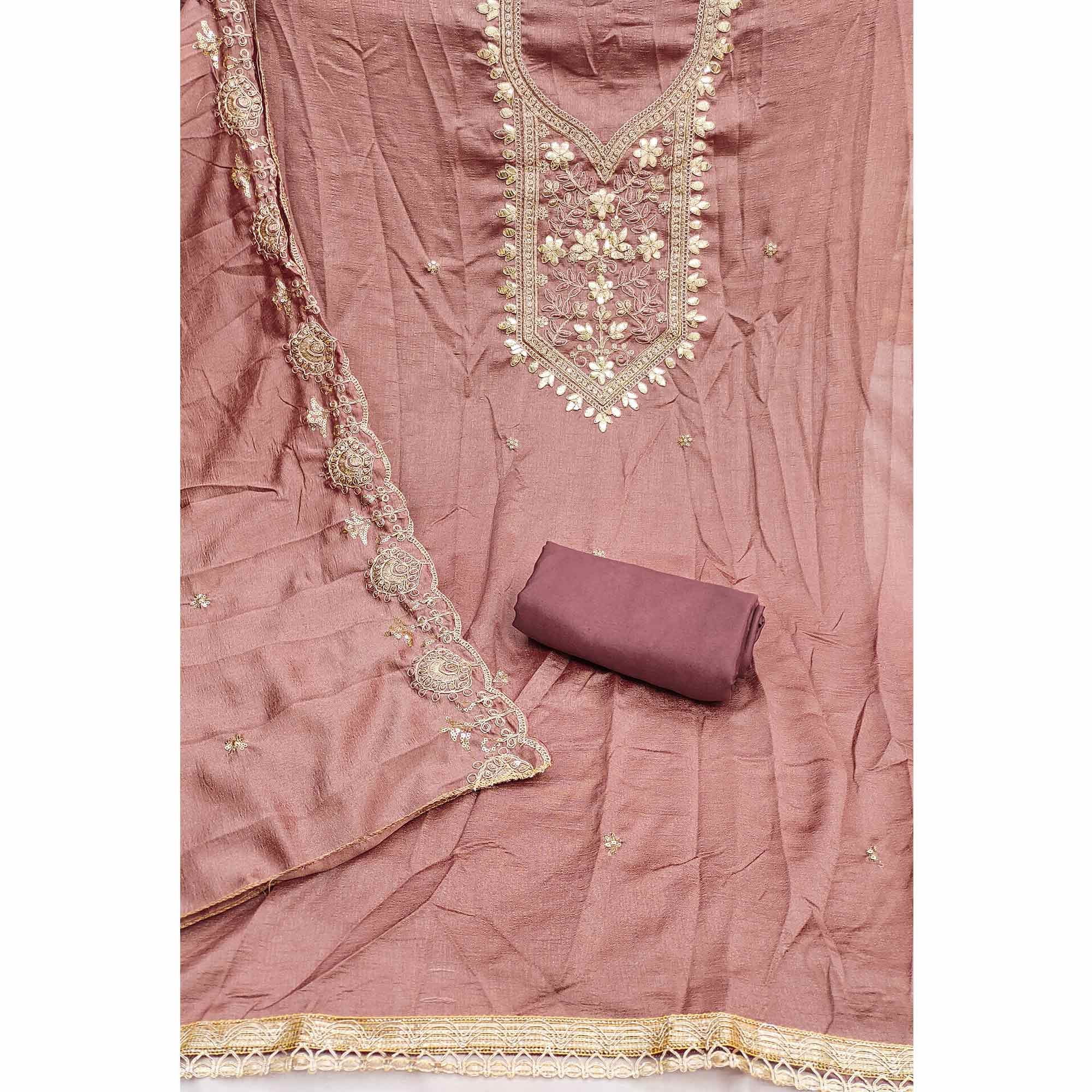 Timeless Dusty Peach Floral Embroidered Vichitra Silk Dress Material With Gota Patti Work