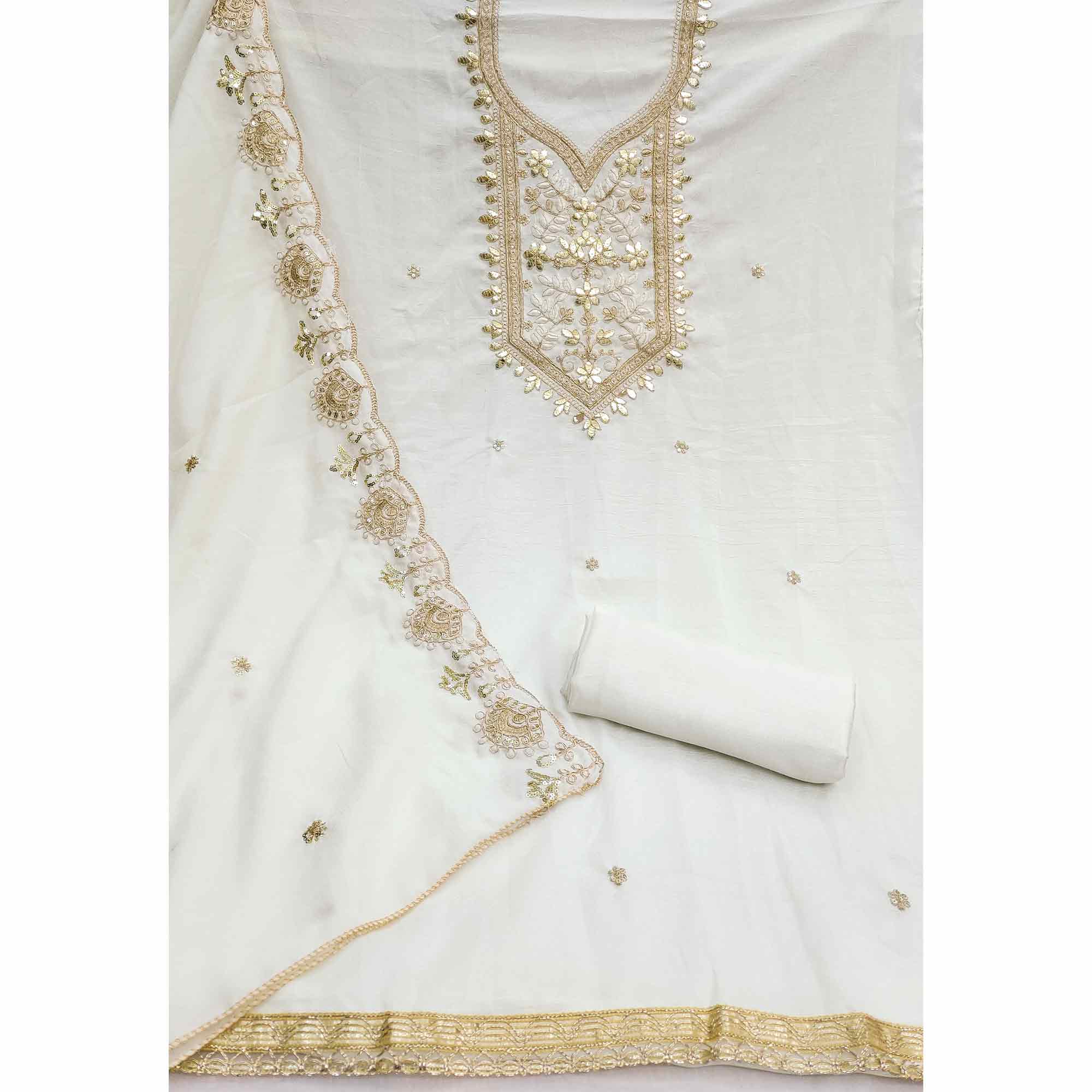 Timeless Offwhite Floral Embroidered Vichitra Silk Dress Material Highlighted With Gota Patti Work
