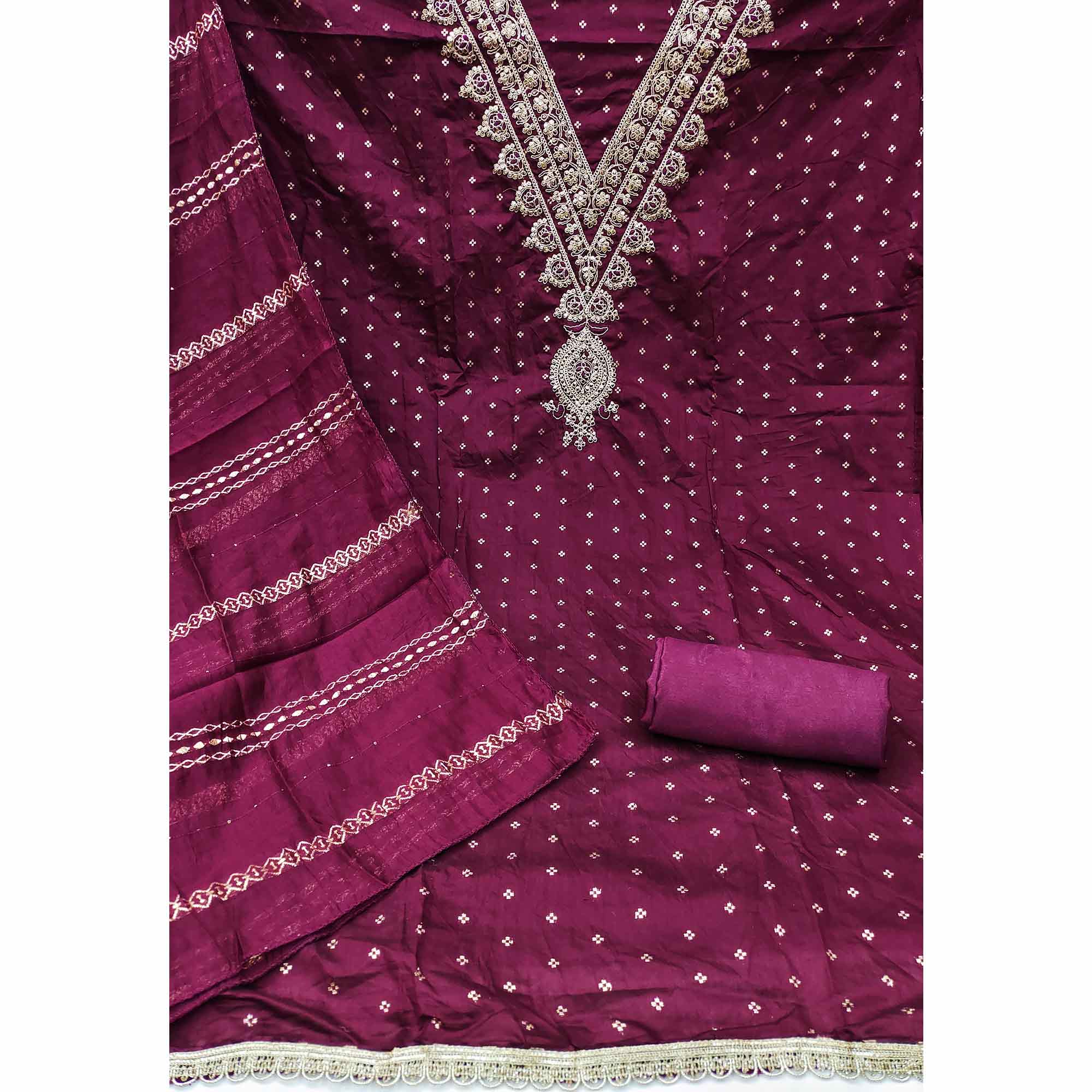 Graceful Wine Butti Motif Chanderi Silk Dress Material Featuring Floral Cording Embroidery Work