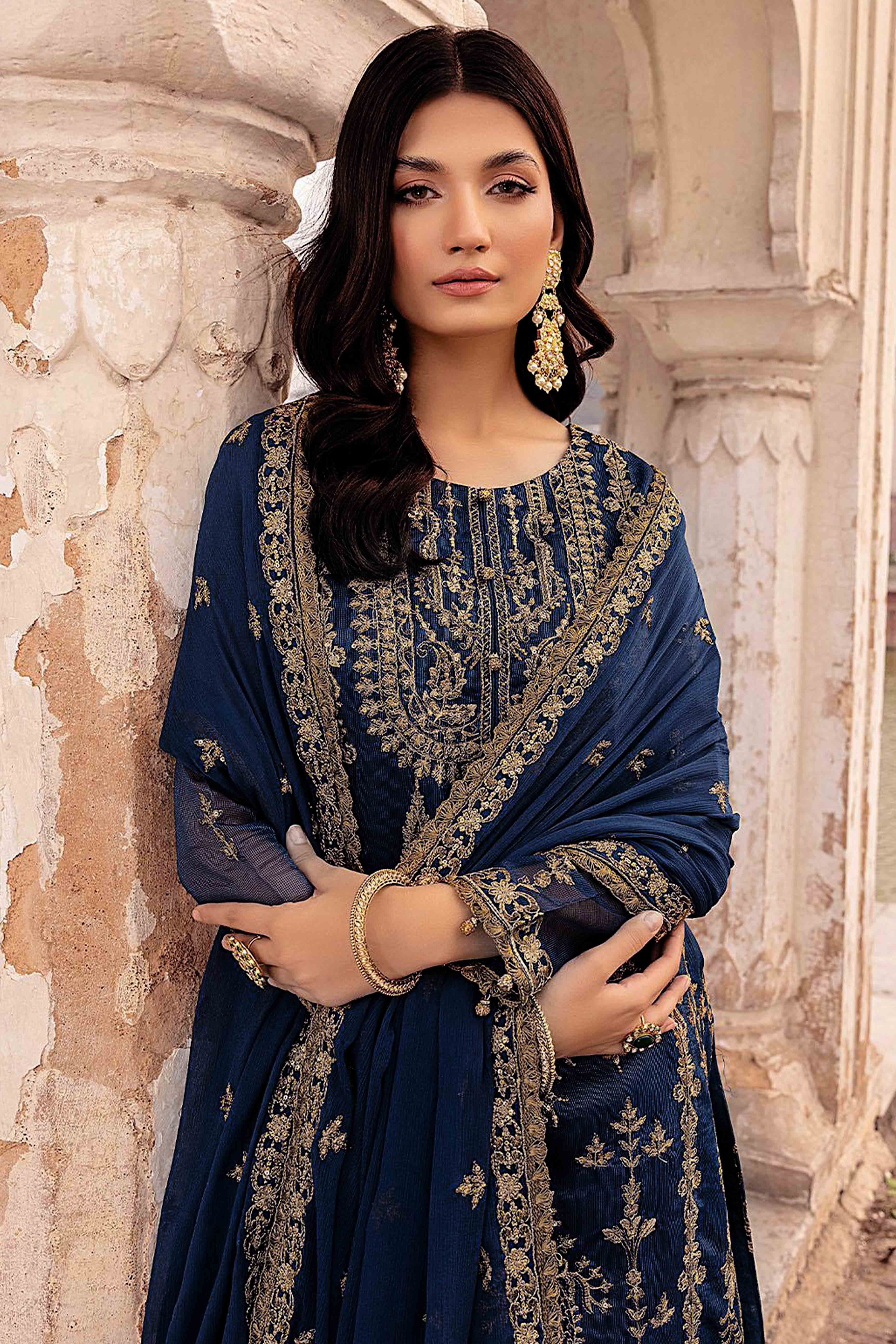 Blue Floral Sequins Embroidered Georgette Semi Stitched  Suit