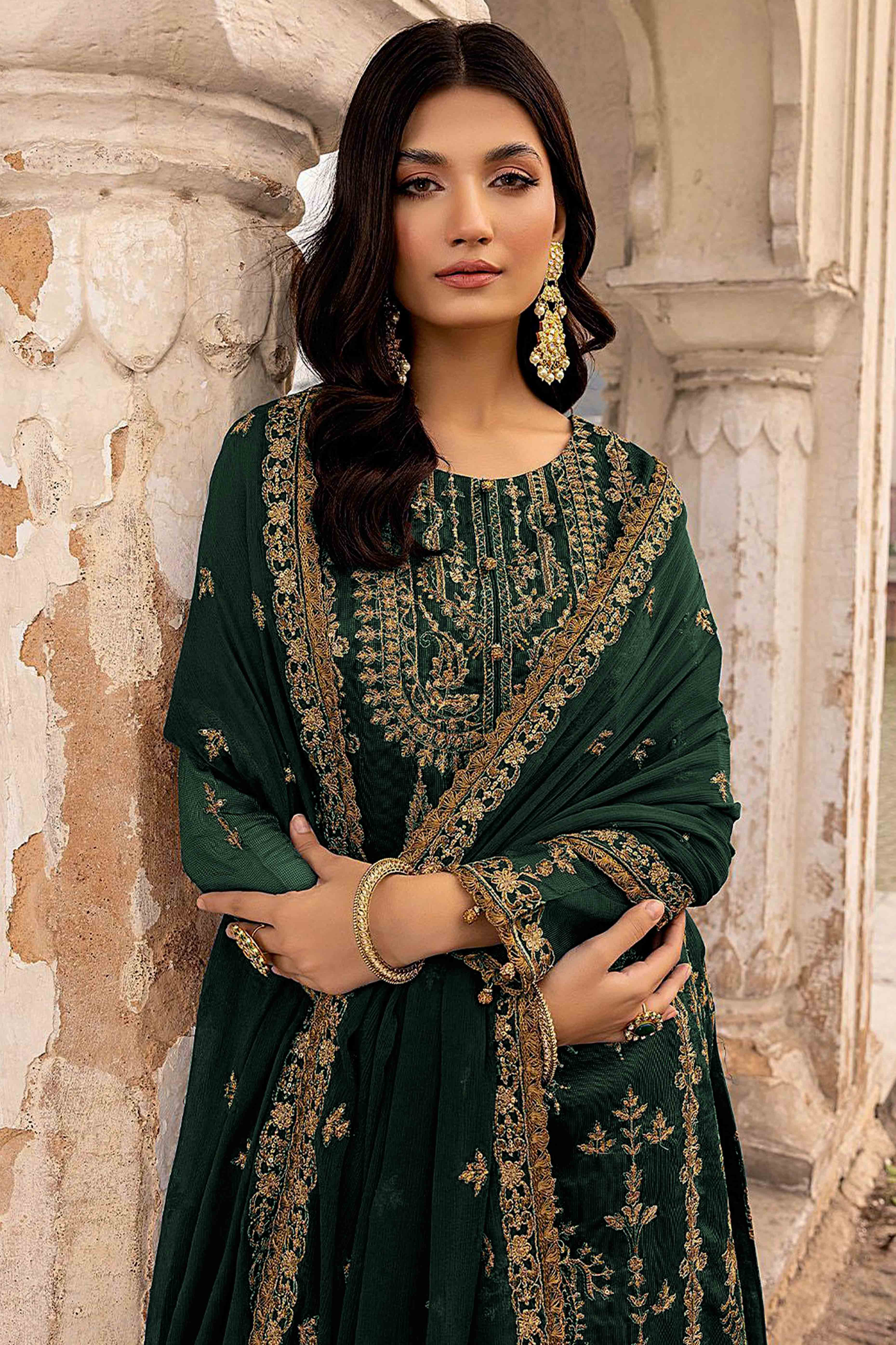 Green Floral Sequins Embroidered Georgette Semi Stitched  Suit
